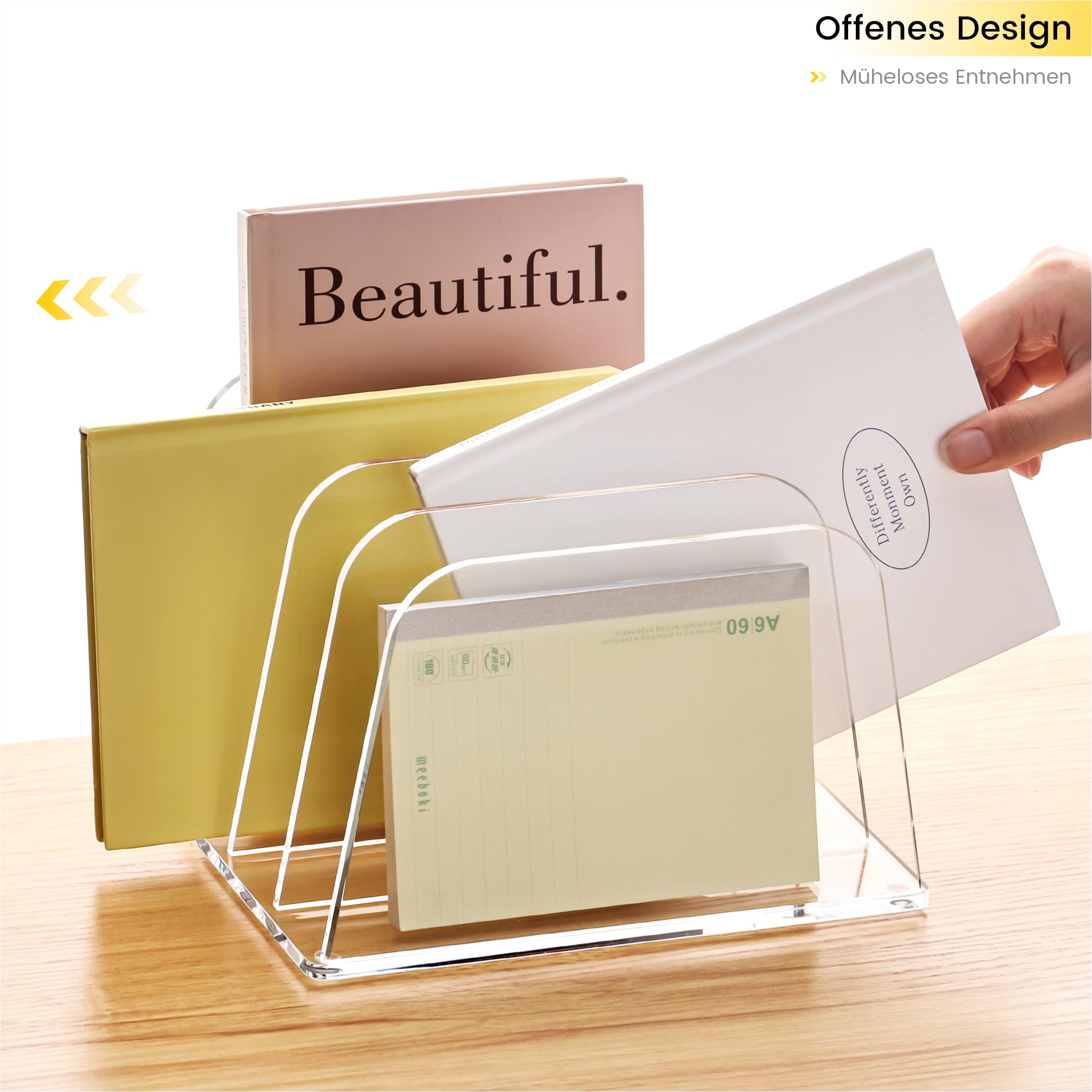 SANRUI Premium Acryl Briefständer & Schreibtisch Organizer (4 Fächer) – Vertikale Ablage für Post, Notizbücher (B5/A5) & Tablets, Transparenter Sortierer mit Silikonfüßen für Home-Office & Kosmetik