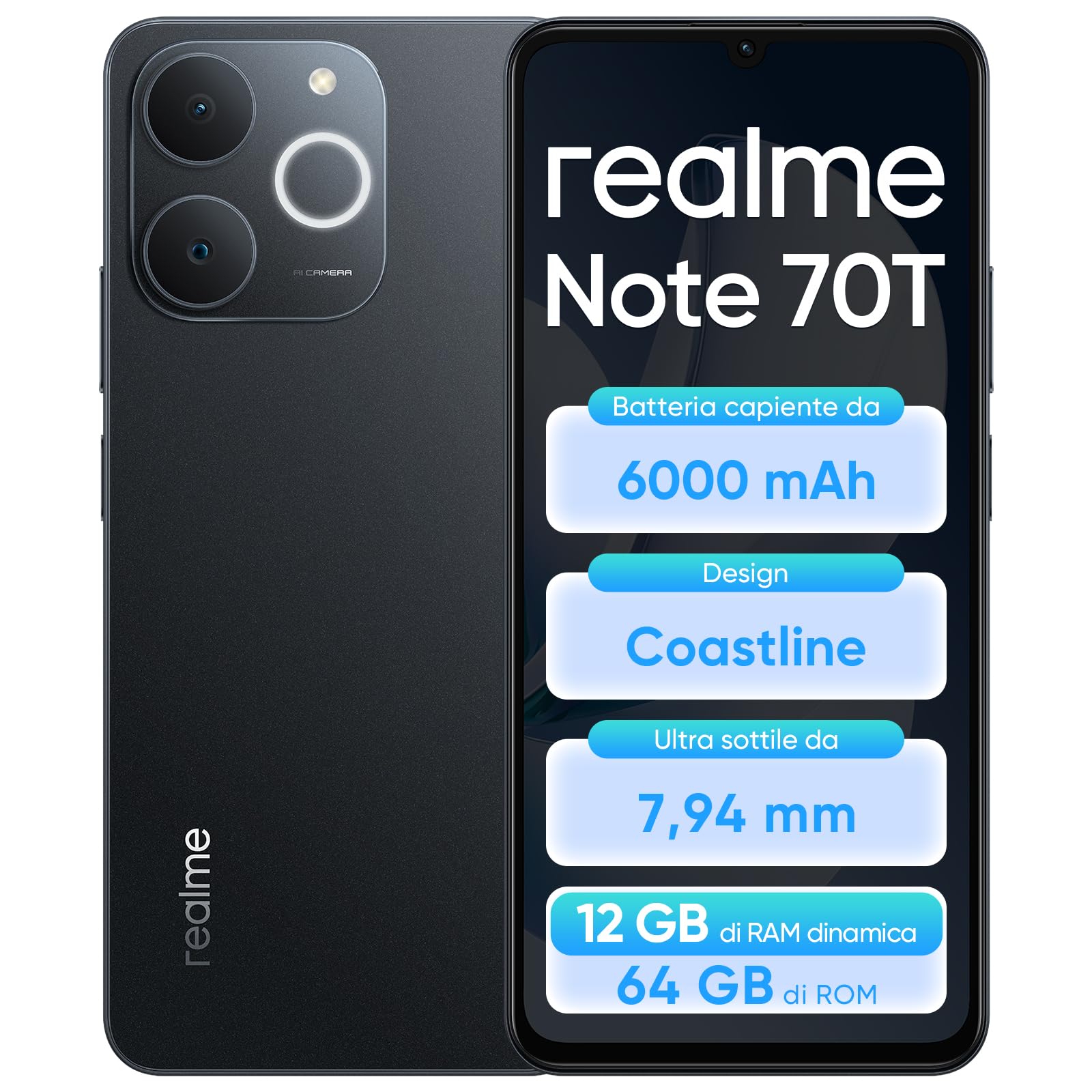 realme Note 70T 4+64GB Smartphone, Display HD da 6,75'' a