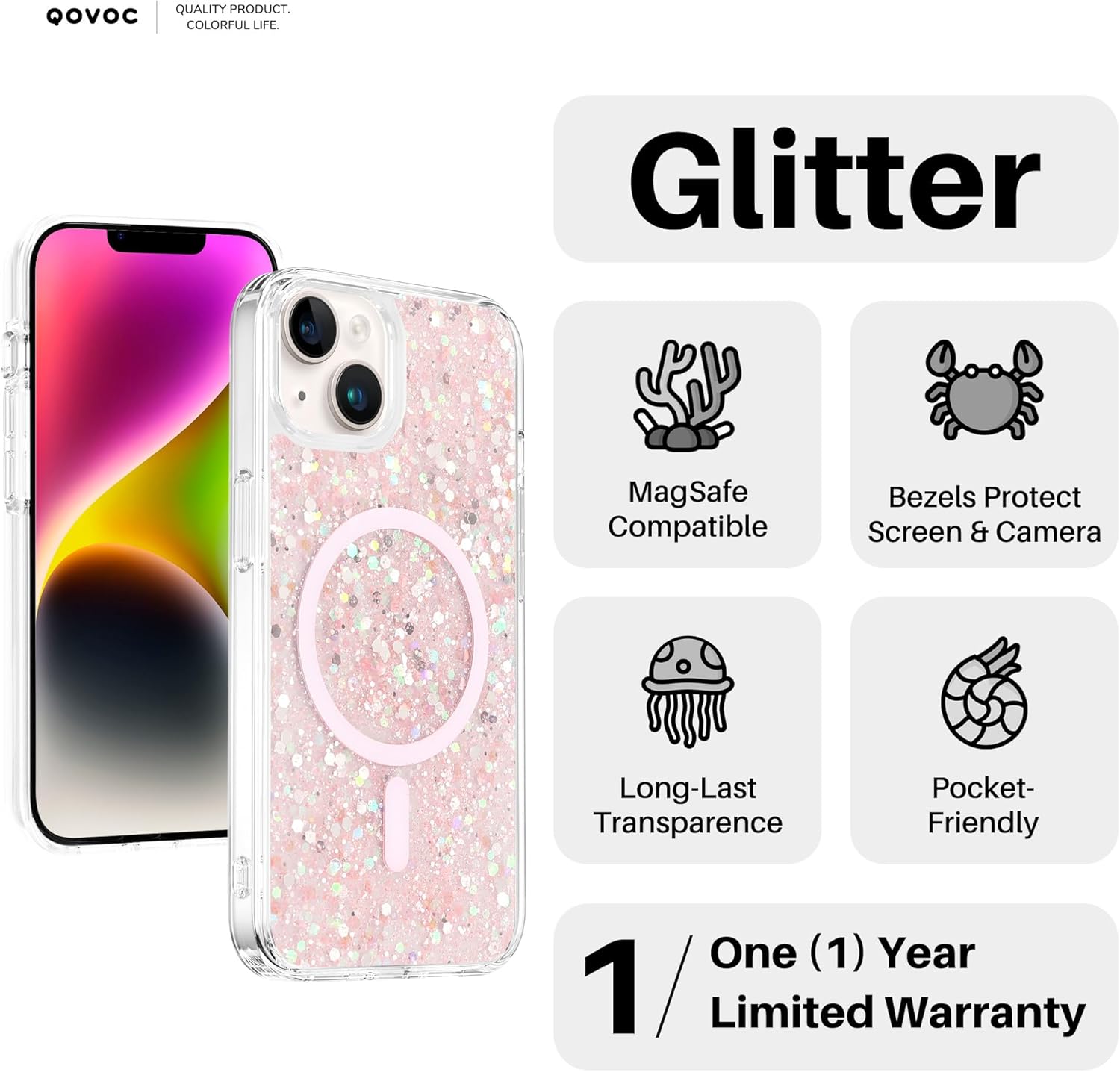 for iPhone 14 Plus Case, Clear Glitter MagSafe Compatible, Bling Sparkly Girly Case for iPhone 14 Plus, Magnetic Protective Phone Cover, Pink Glitter, Andromeda
