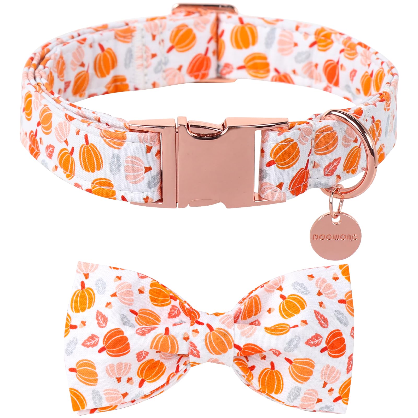 DOGWONG Halloween Pumpkin Dog Collar with Bow, Cotton Fall Dog Collar Cute Comfortable Fall Bowtie Dog Collar Thanksgiving Necklace for Medium Girl