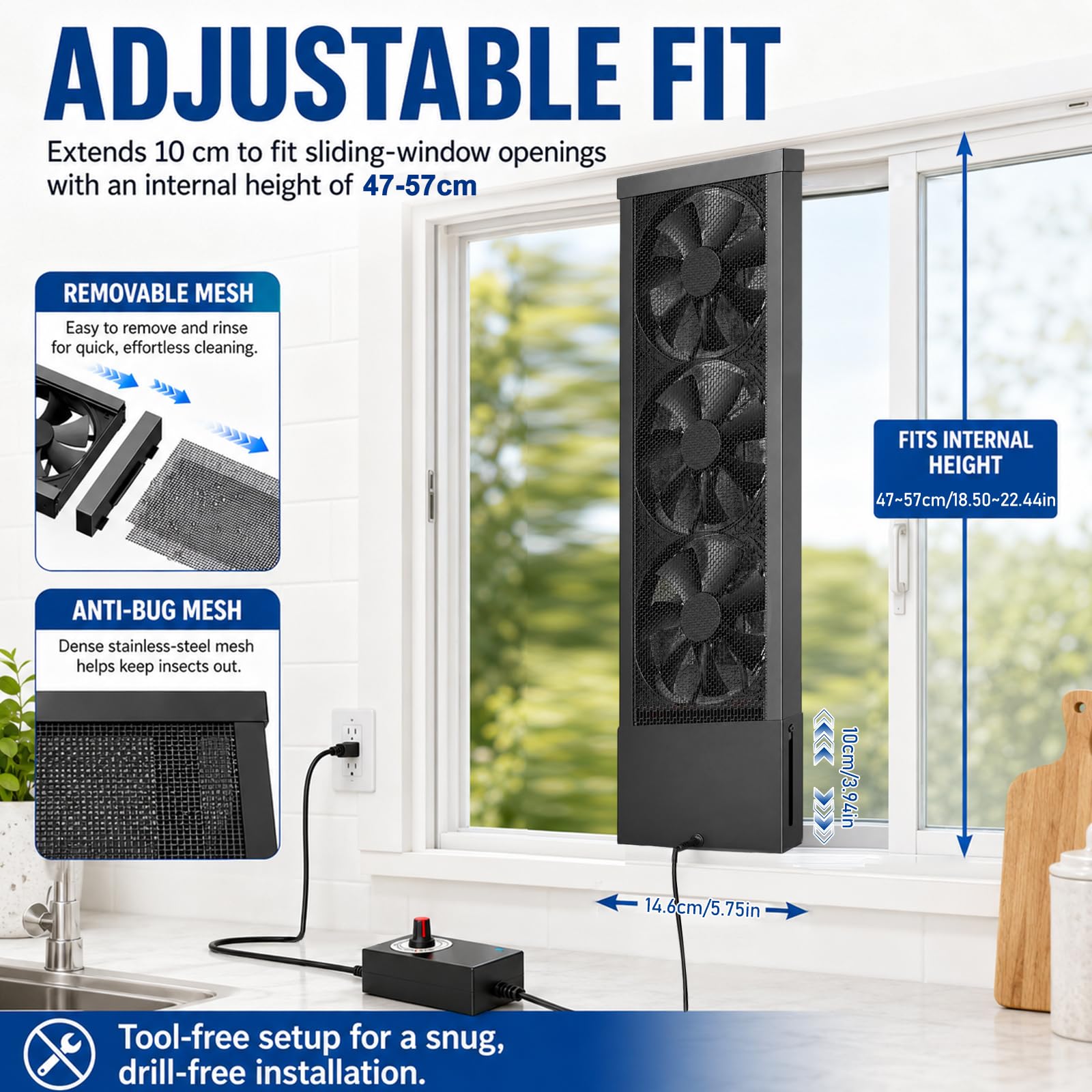 Ventilador extractor de ventanas extensible, 47 ~ 57 cm