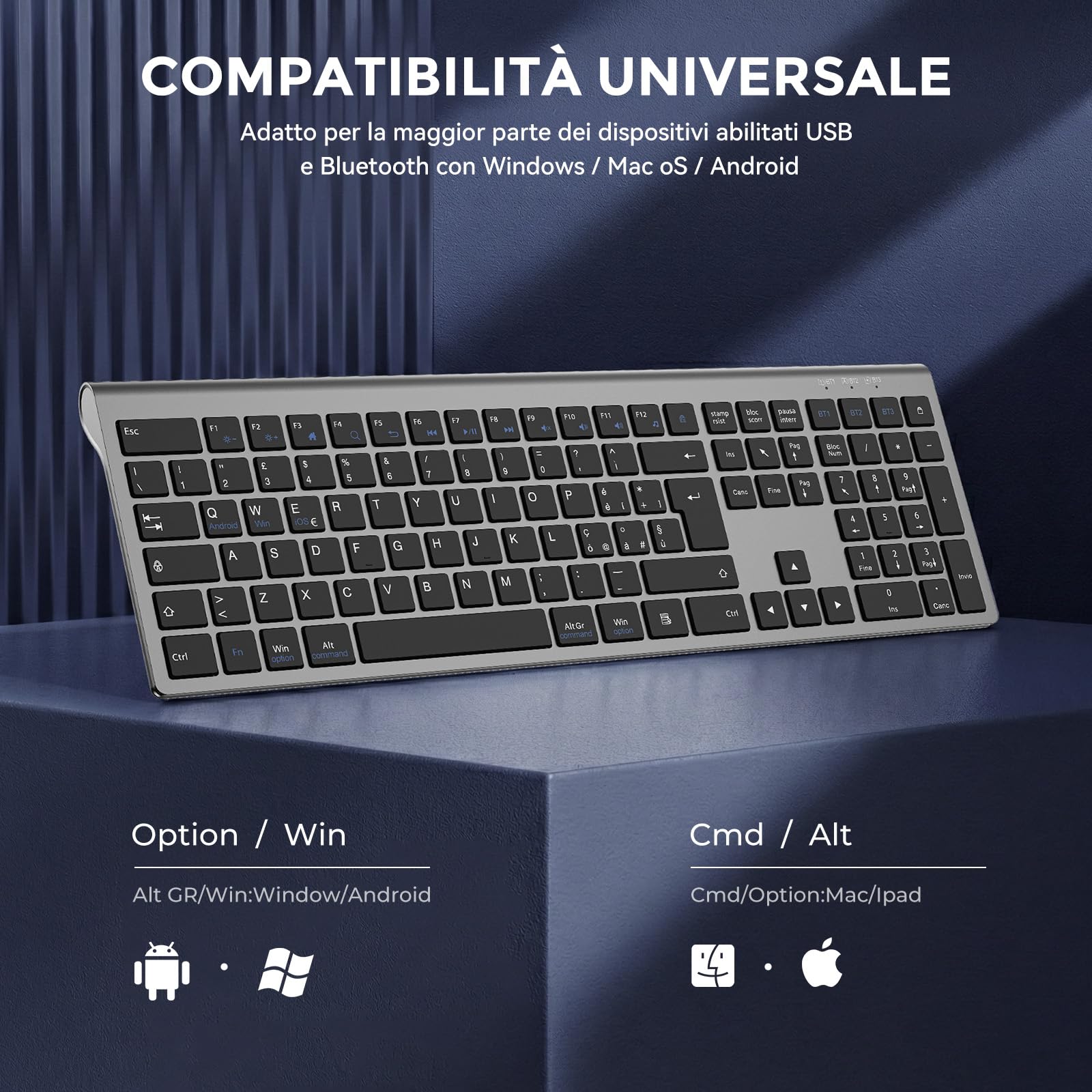 cimetech Tastiera wireless Bluetooth, Tastiera wireless ricaricabile multi-dispositivo con connessione facile fino a 3 dispositivi - Layout italiano, tasti silenziosi Compatibile con Mac, Windows, iOS