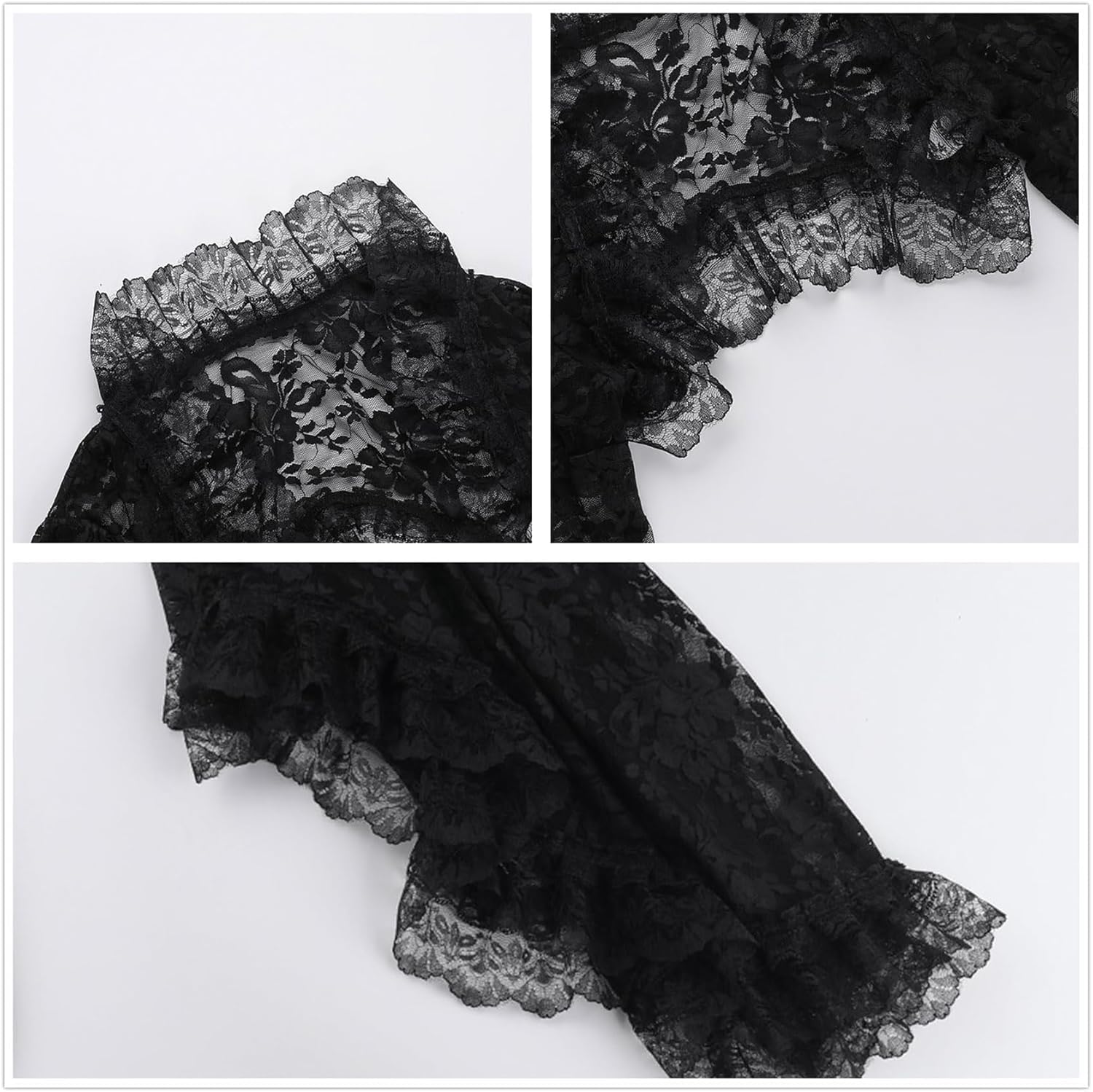 Women Retro Fairy Lace Sheer Bolero Crop Shrug Top - Floral Flared Long Sleeve See-Through Goth Evening Dress