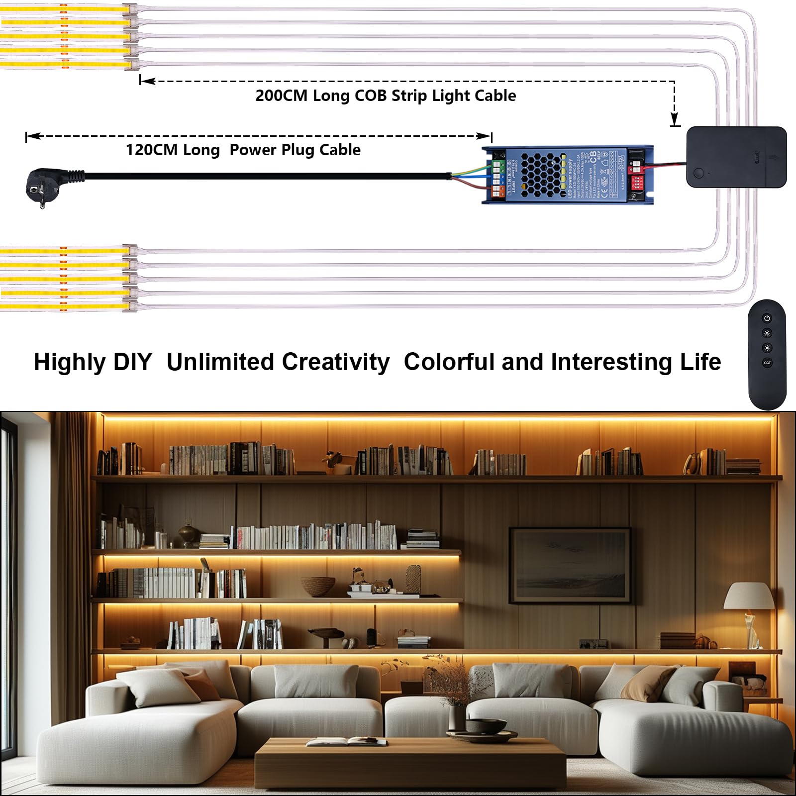 BENLUN 24V CCT COB LED Streifen küchenbeleuchtung 10M CRI 93 | 3000K 4000K 6000K Weiß LED Strip Schneidbar Selbstklebend mit Dimmer und Netzteil für Schrank, Akustikpaneele, küche, Gaming