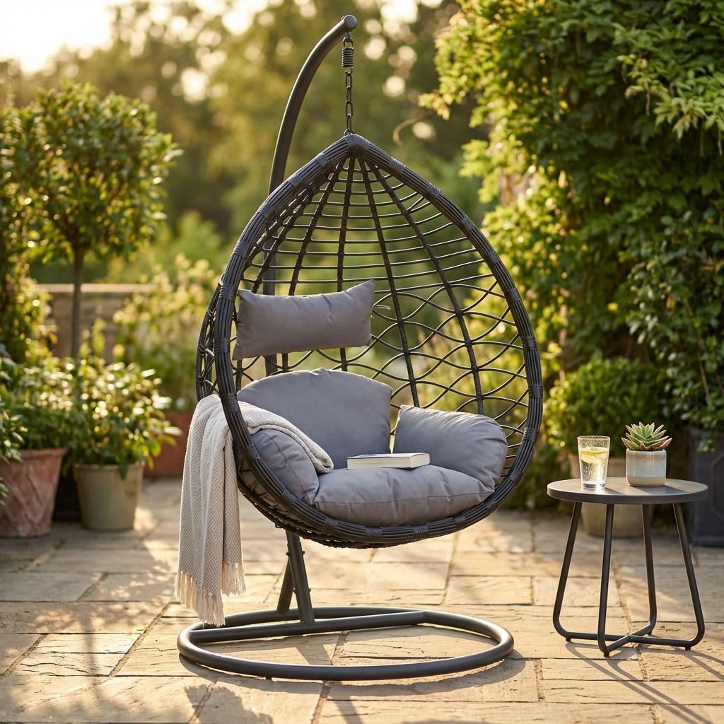 Milani Home - sedia sospesa da giardino in wicker e acciaio con cuscino, poltrona relax per terrazzo e veranda, nero