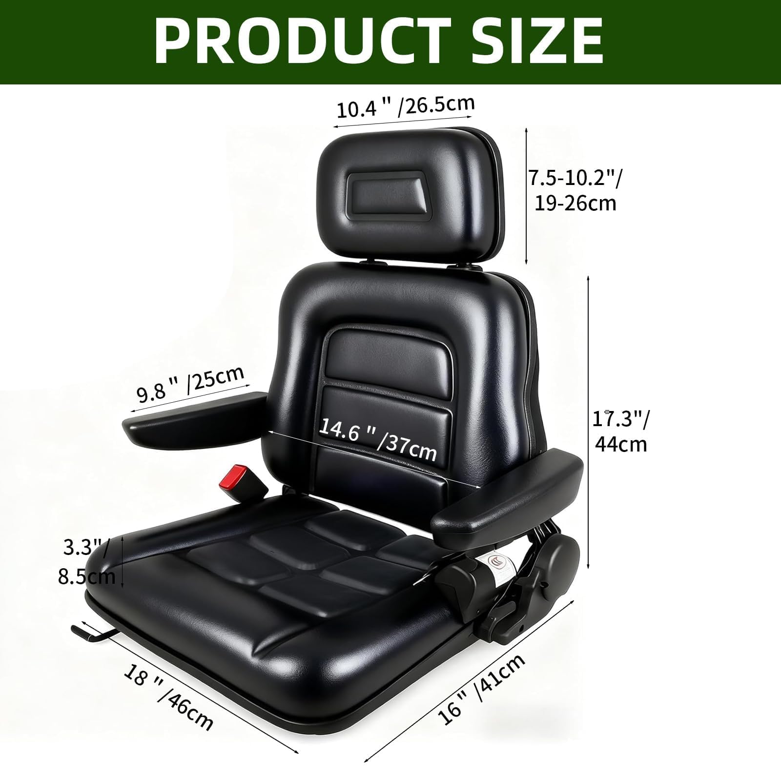 Universal Adjustable Forklift Seat, Tractor Seat with Armrest Headrest and Automatic Seatbelt, 26-27.5 In Height Adjustable Waterproof Loader Forklift Seat for Garden Tractor, Bucket, Excavator — view 3