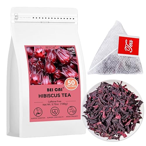 BEI CAI - Bolsas de té de hibisco, 0.07 oz x 50 unidades, té de hierbas de hibisco seco puro natural, sabor a tarta refrescante, sin cafeína, rico