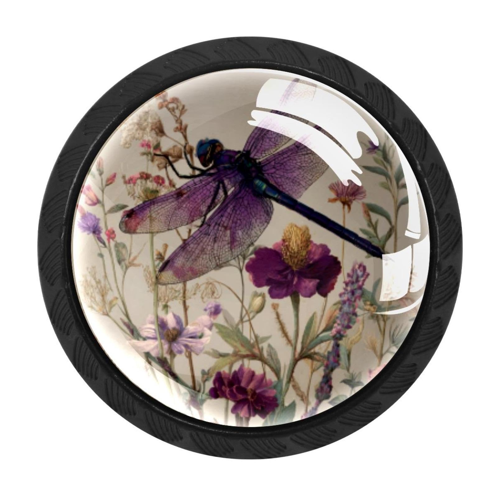 CHENZZZZ 4 Pack Drawer Knobs, Black Handle Dresser Drawer Pulls, Round Decoration Cabinet Hardware Pulls with Screws for Kitchen Cupboard Wardrobe, Purple Dragonfly Antique Botanical Wildf