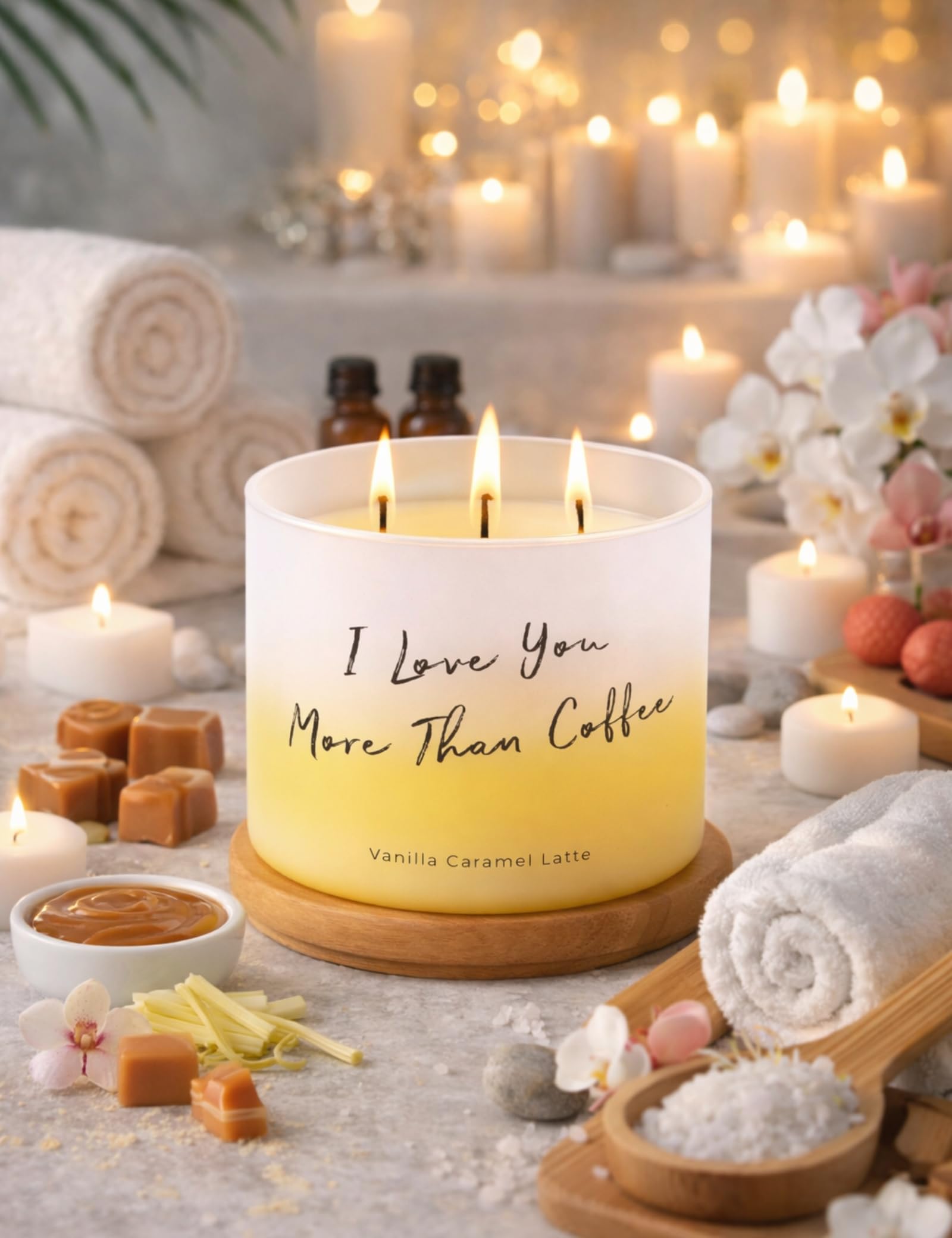 Candele profumate alla vaniglia al caramello e latte, con 3 stoppini, per la casa, con citazione "I Love You More Than Coffee", 450 ml, candele di soia naturali per donne e uomini, grande candela