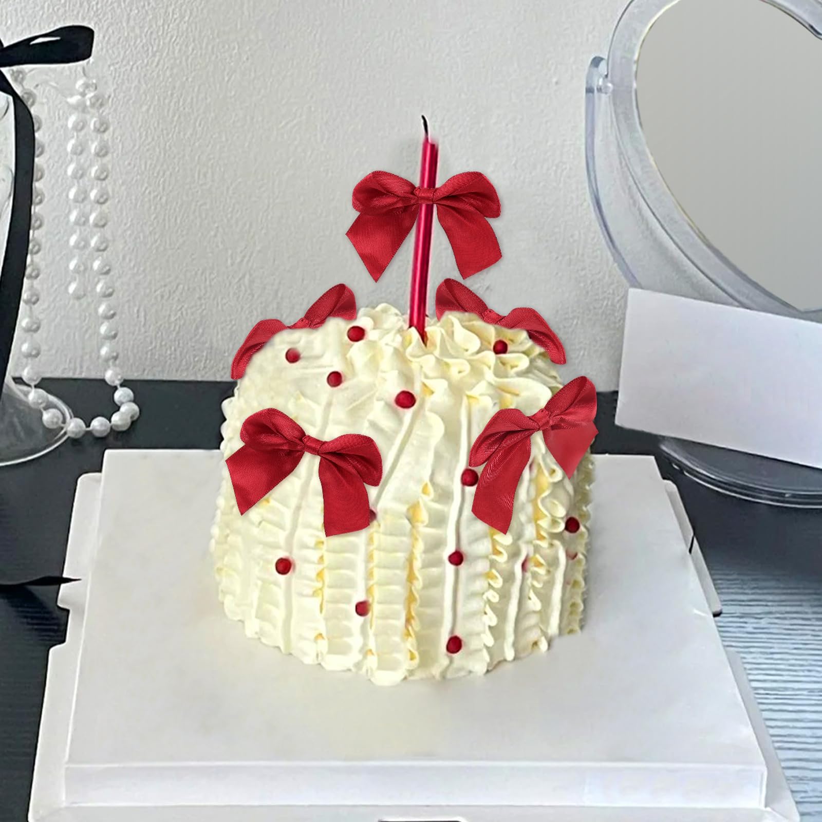 20 Pack Bow Cupcake Toppers Birthday Bowknot Ribbons Coquette Pink Bow High Footed Cup Balloon Wall Party Decorations Bridal Cake Dessert Picks Baby Girl Birthday Wedding Party Supplies (red 2)