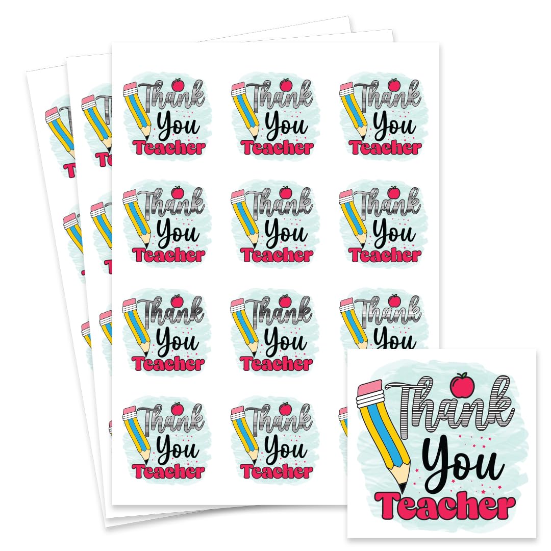 Partyrama.co.uk Multicolour Thank You Teacher Square Stickers – 65Mm Paper Stickers For Cards, Gifts, Scrapbooks – Pack Of 12 On A4 Sheet