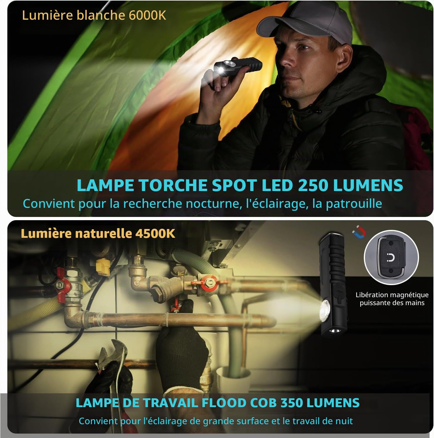 ULTRAFIRE Lampe de travail LED rechargeable 350 lumens avec faisceau rouge, 3 modes de poche avec aimant et clip pour le travail, la réparation de voiture, les urgences