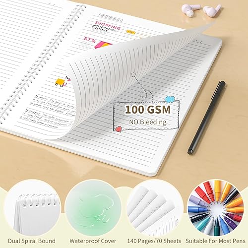 Miniatura 5 de Cuaderno de espiral A4 con rayas anchas, paquete de 4 cuadernos de 8.5 x 11 pulgadas, 140 páginas, 3.53 ozm, cuadritos rayados pequeños degradados,