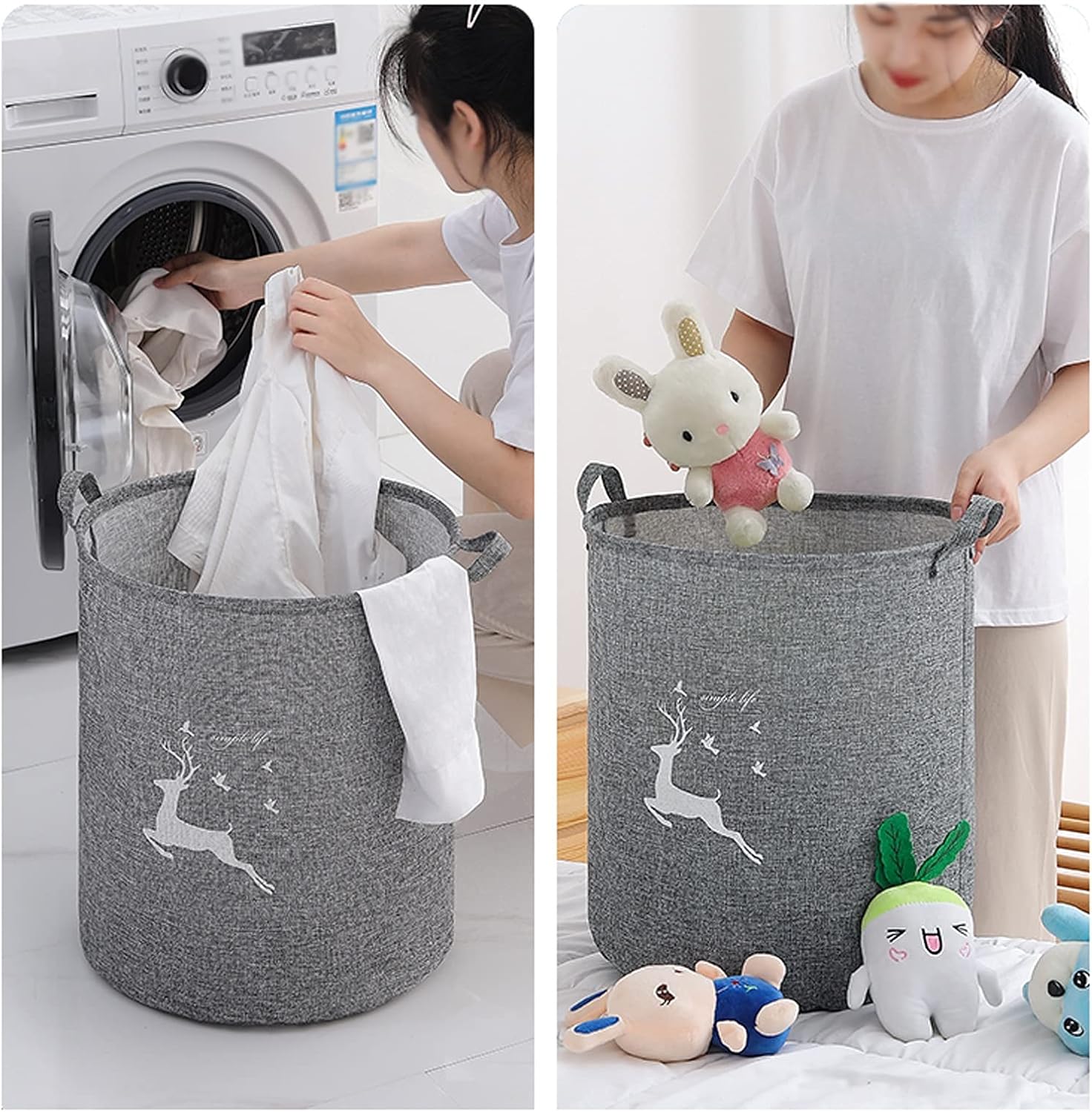 Storage Basket Basket, Large Canvas Fabric Lightweight Round Storage Organizer Toy Dirty Clothes Foldable Waterproof For Bedroom Bathroom Grey Boxes Alm