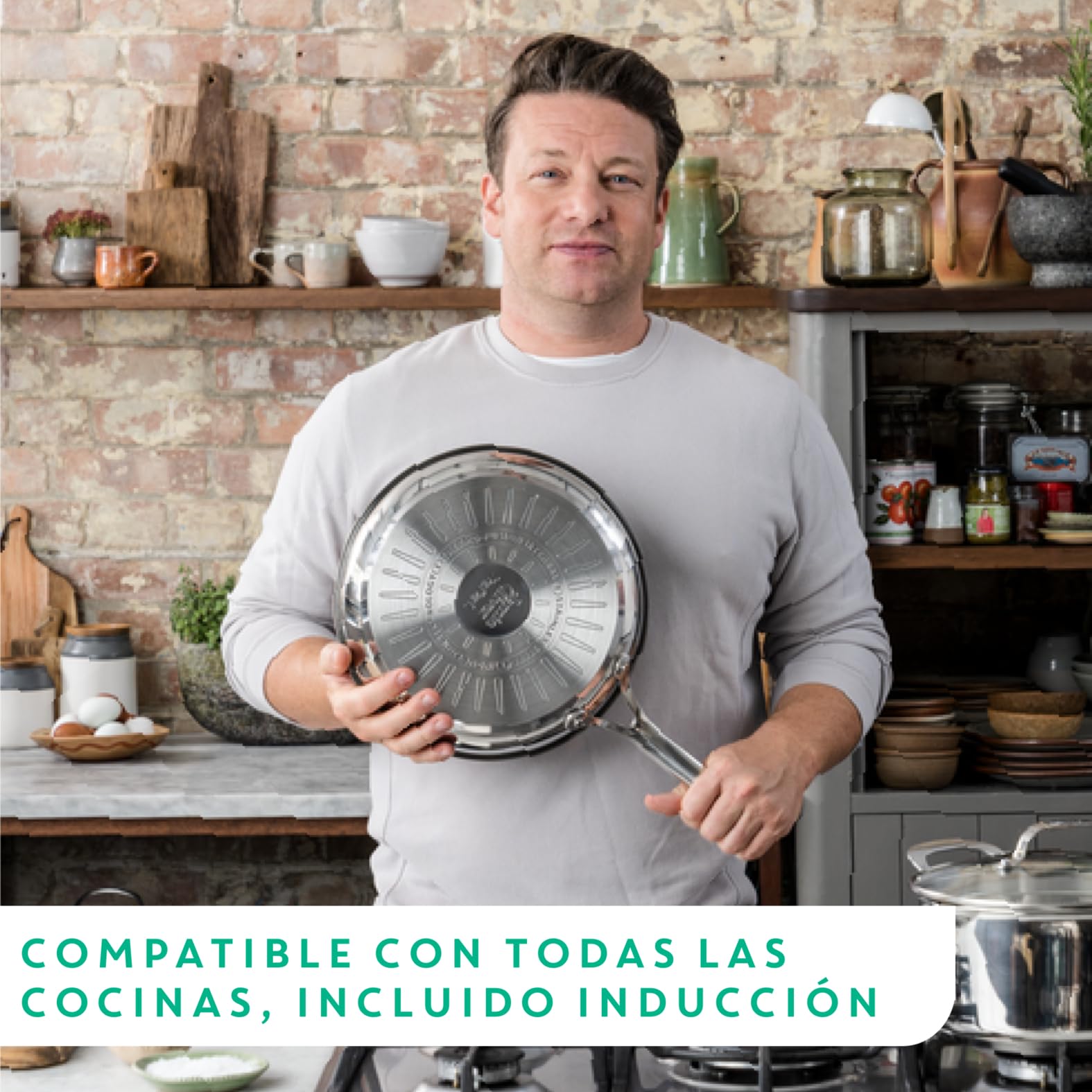Tefal Jamie Oliver - Juego de 2 Sartenes antiadherentes 20/28 cm + 3 Cazos 16/18/20 cm + 3 Tapas, Apto inducción, Thermo-Fusion, marcas medición, apto lavavajillas y horno, acero inoxidable
