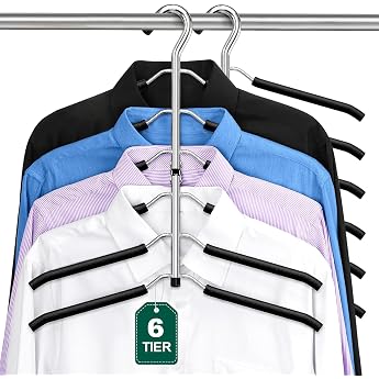 ZriEy 6-Tier Space Saving Hangers - Foldable Non-Slip with Foam Padding Metal Hanger Cupboard Organiser and Storage - Pack of 2