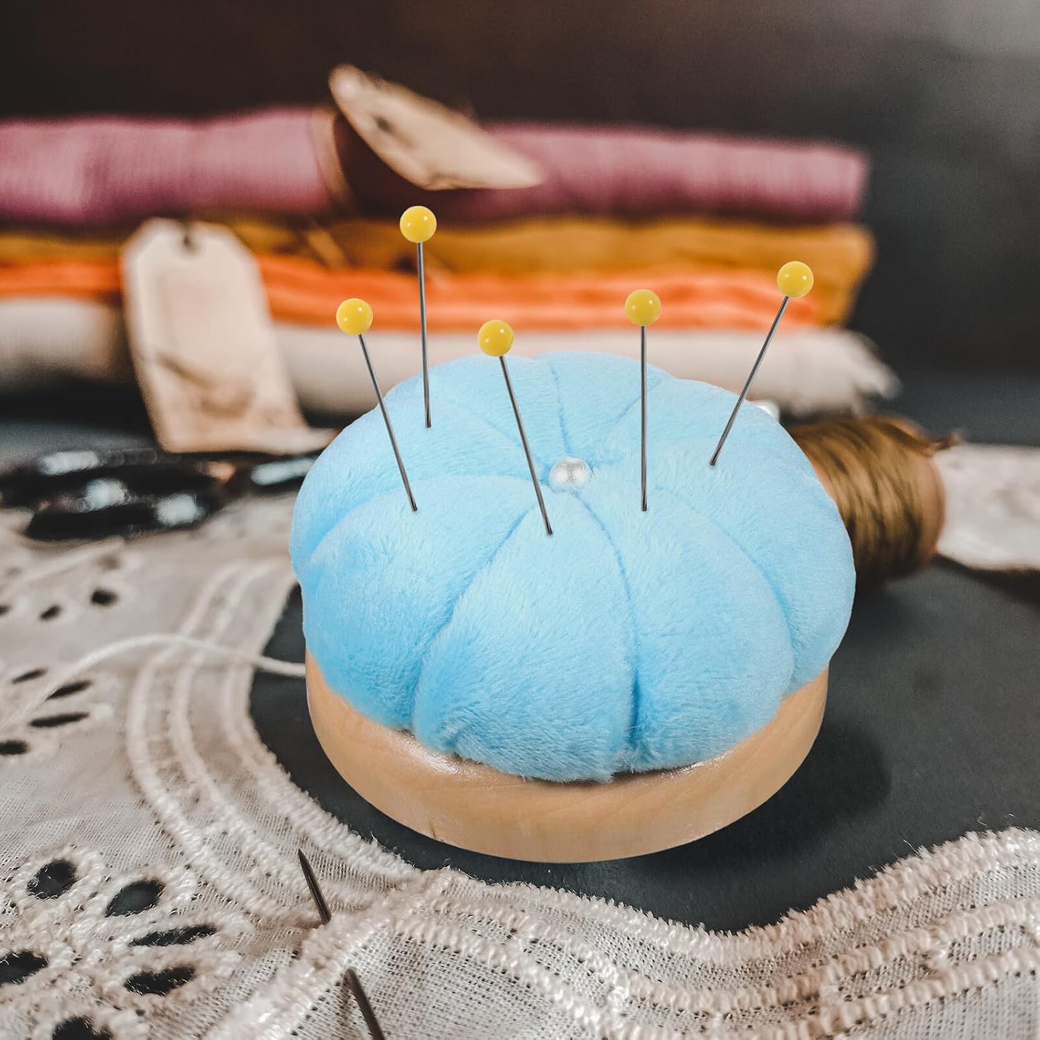 HINTRMENT 2pcs Pumpkin Pin Cushion Sewing Needle Holder for Embroidery and DIY Crafting, Sky Blue Fabric Pincushion Portable Needle Storage for Sewing Enthusiasts