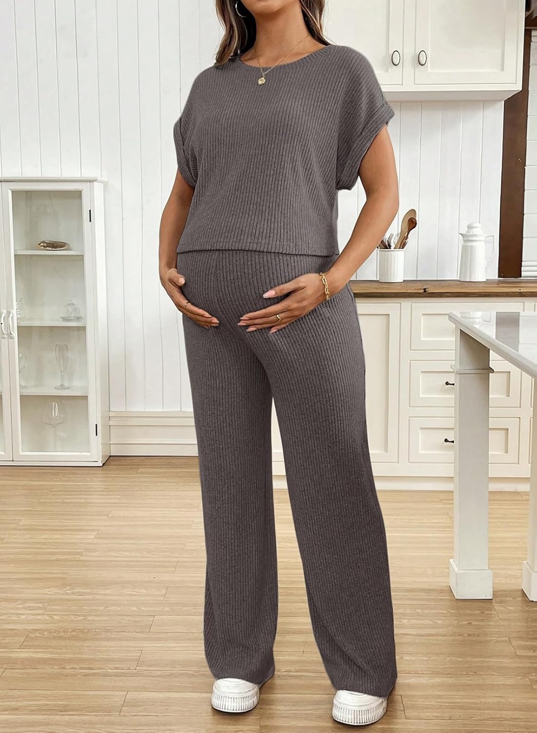 BLENCOT Maternity Clothes Ribbed Short Sleeve Maternity Pajamas Sets Sleepwear Lounge 2 Piece Matching Outfits Set