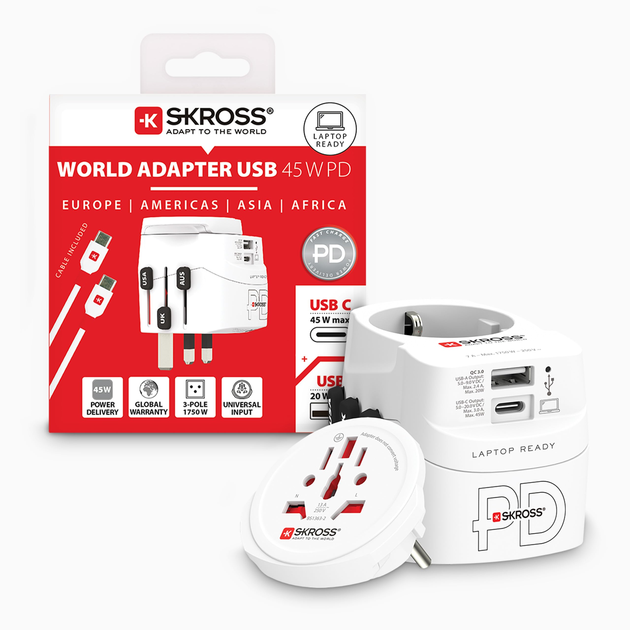 SKROSS PRO Light USB Universeller Reiseadapter in die Welt, Steckdosenadapter mit USBA und USB-C Ladeanschluss und Kabel, Universaladapter für Reisen in die USA, UK, Australien oder Europa