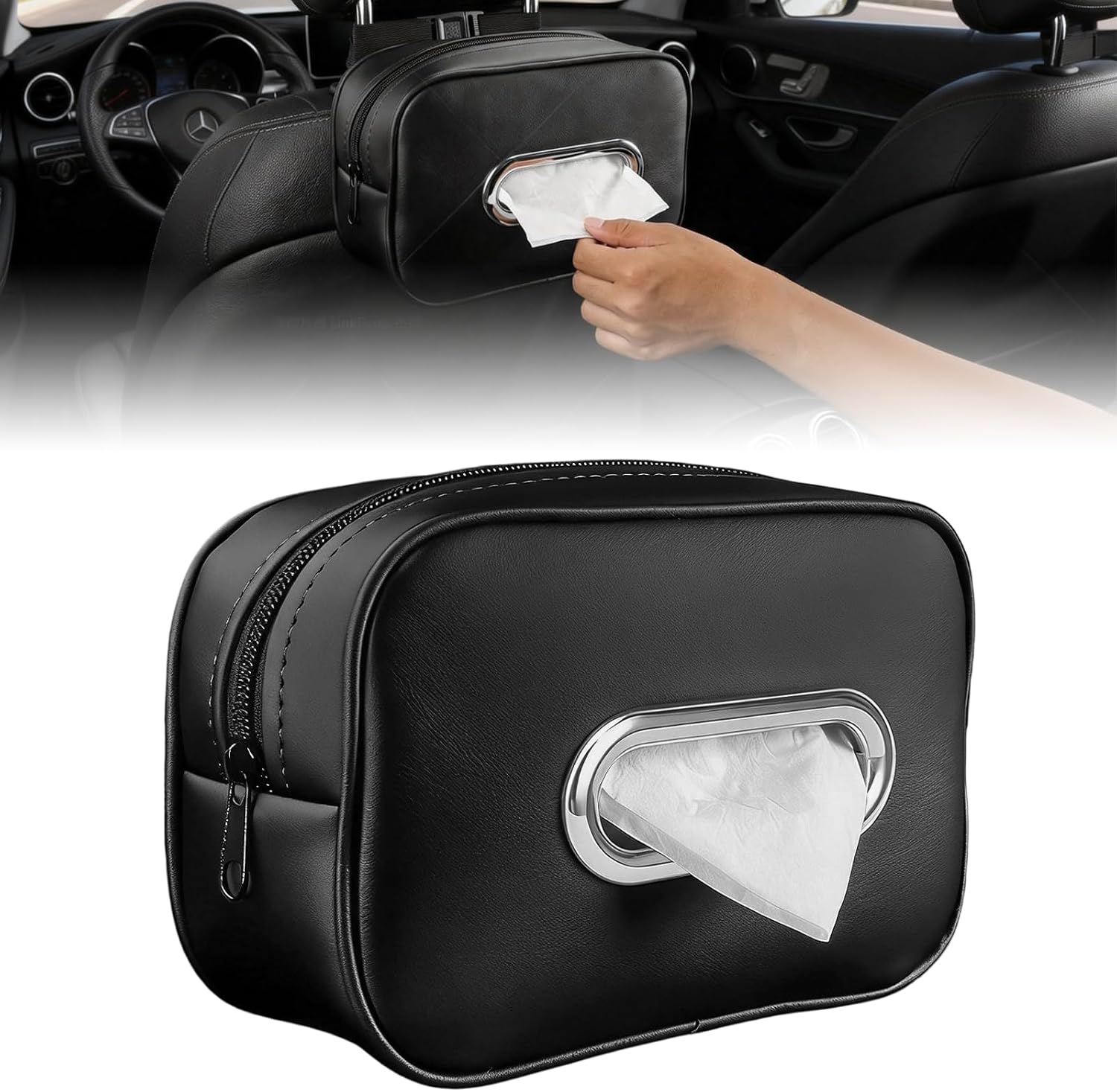 Car Tissue Holder Backseat, Extra Large PU Leather Car Napkin Holder, Soft Rectangular Storage & Organization for 120-230 Tissues Per Box, Dimensions 7.48" x 3.15" x 5.31" (Black)