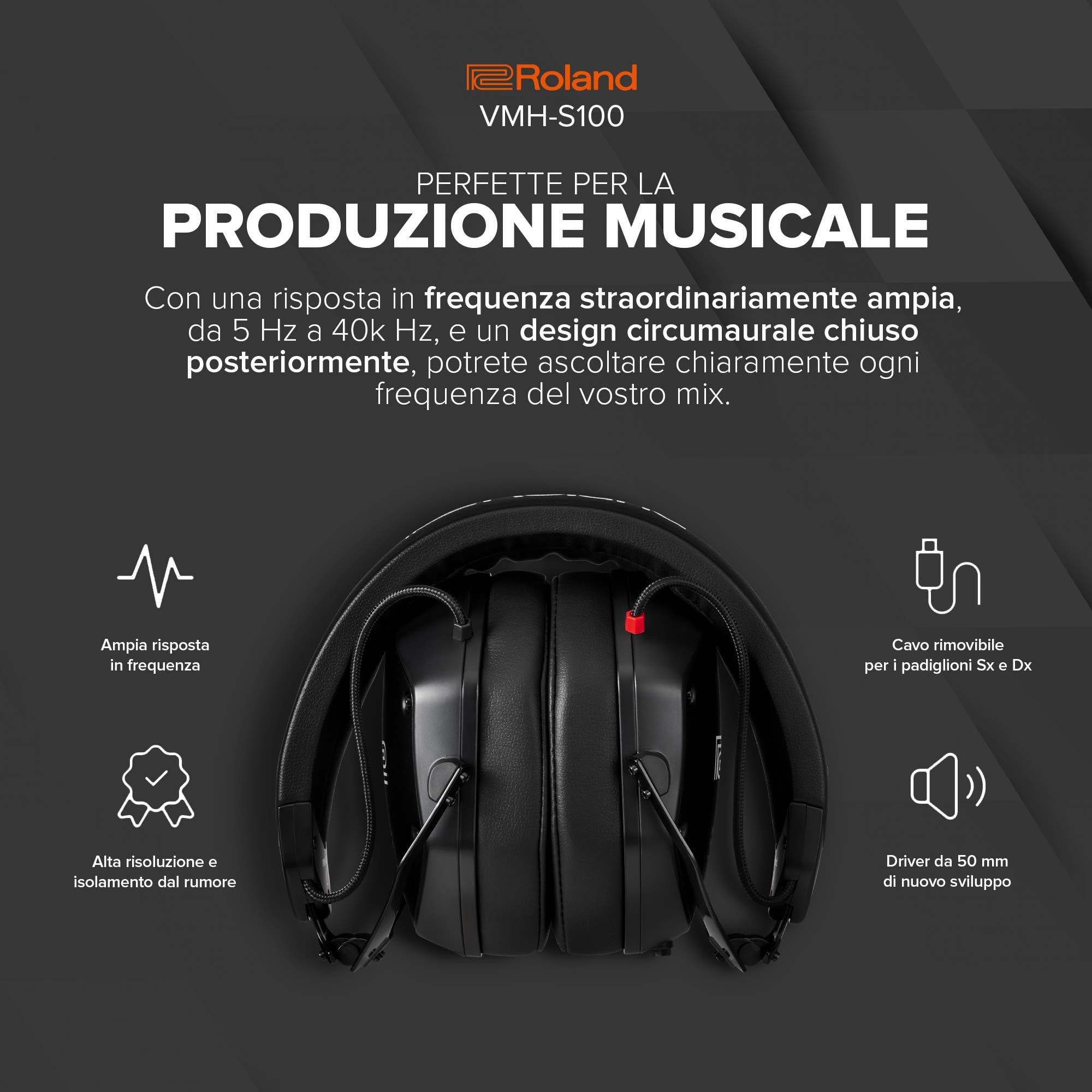 Roland VMH-S100 | Cuffie Circumaurali ad Alta Risoluzione per la Produzione Musicale | Ampia Risposta in Frequenza | Incredibile Isolamento dal Rumore | Driver da 50 mm | Comode e Resistenti