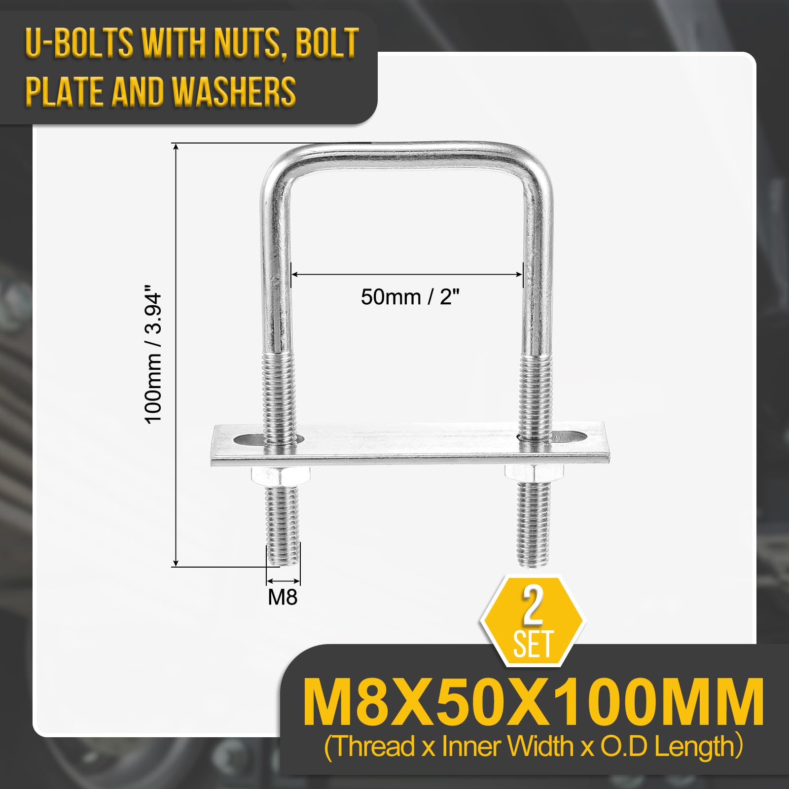 DTGN M8x50x100mm U Bolts Square Kit, 2Set, 304 Stainless Steel U-Bolt Kit with Nuts, Washers, Frame Plate - Image 2