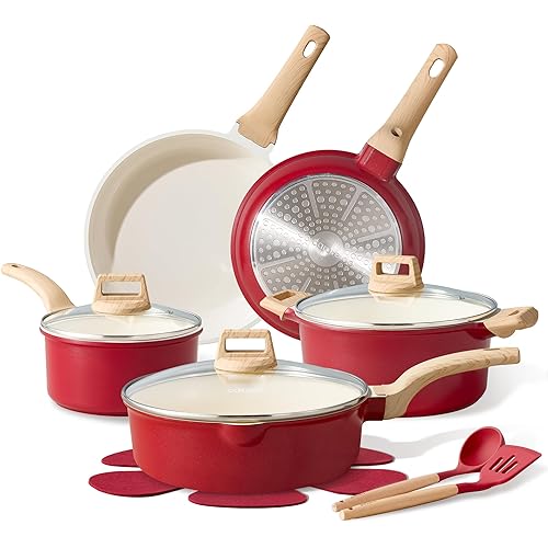 CAROTE 14 Pcs Ceramic Cookware Set, Pots and Pans Set Non Stick with Ceramic Coating, Induction Kitchen Sets, Red