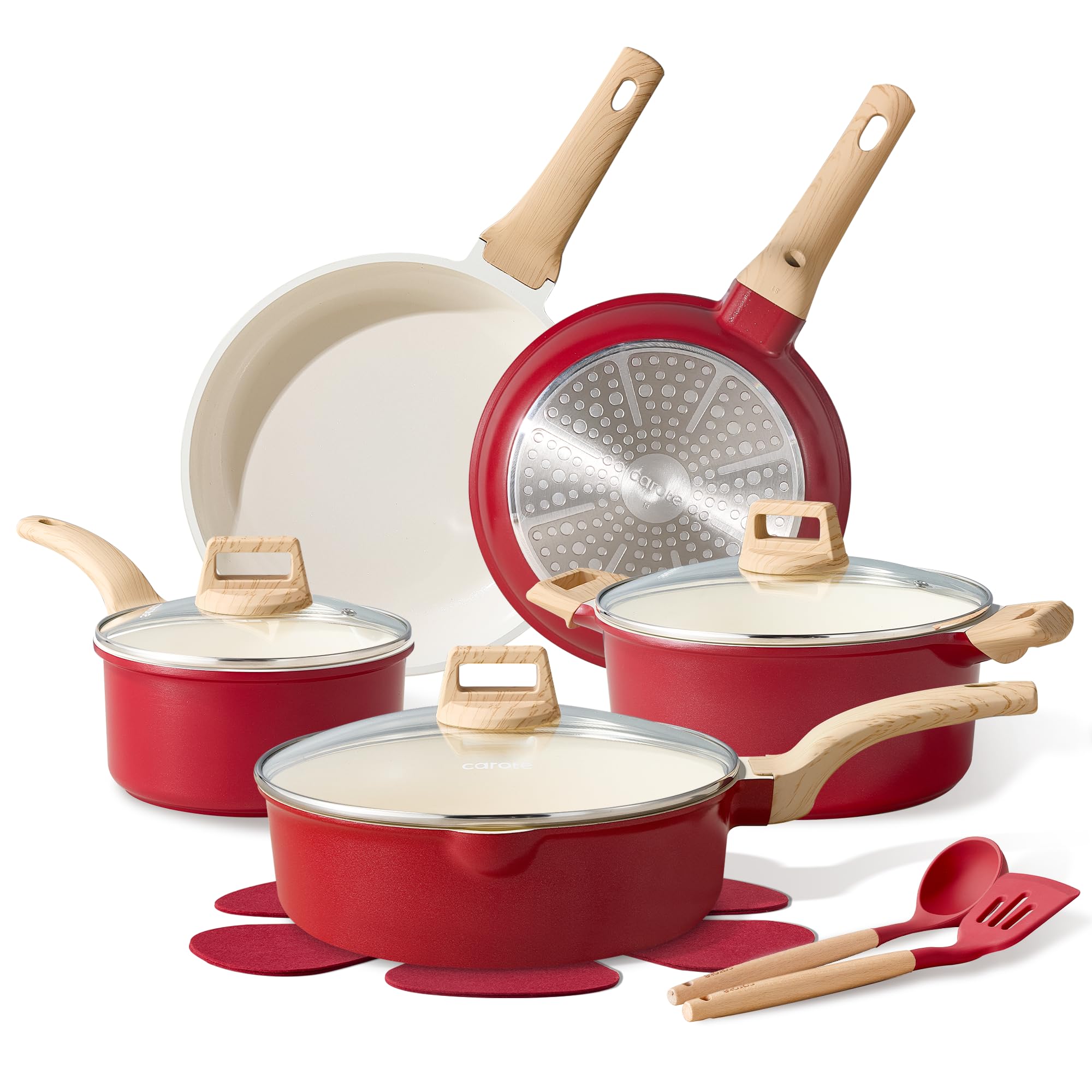 CAROTE 14 Pcs Ceramic Cookware Set, Pots and Pans Set Non Stick with Ceramic Coating, Induction Kitchen Sets, Red