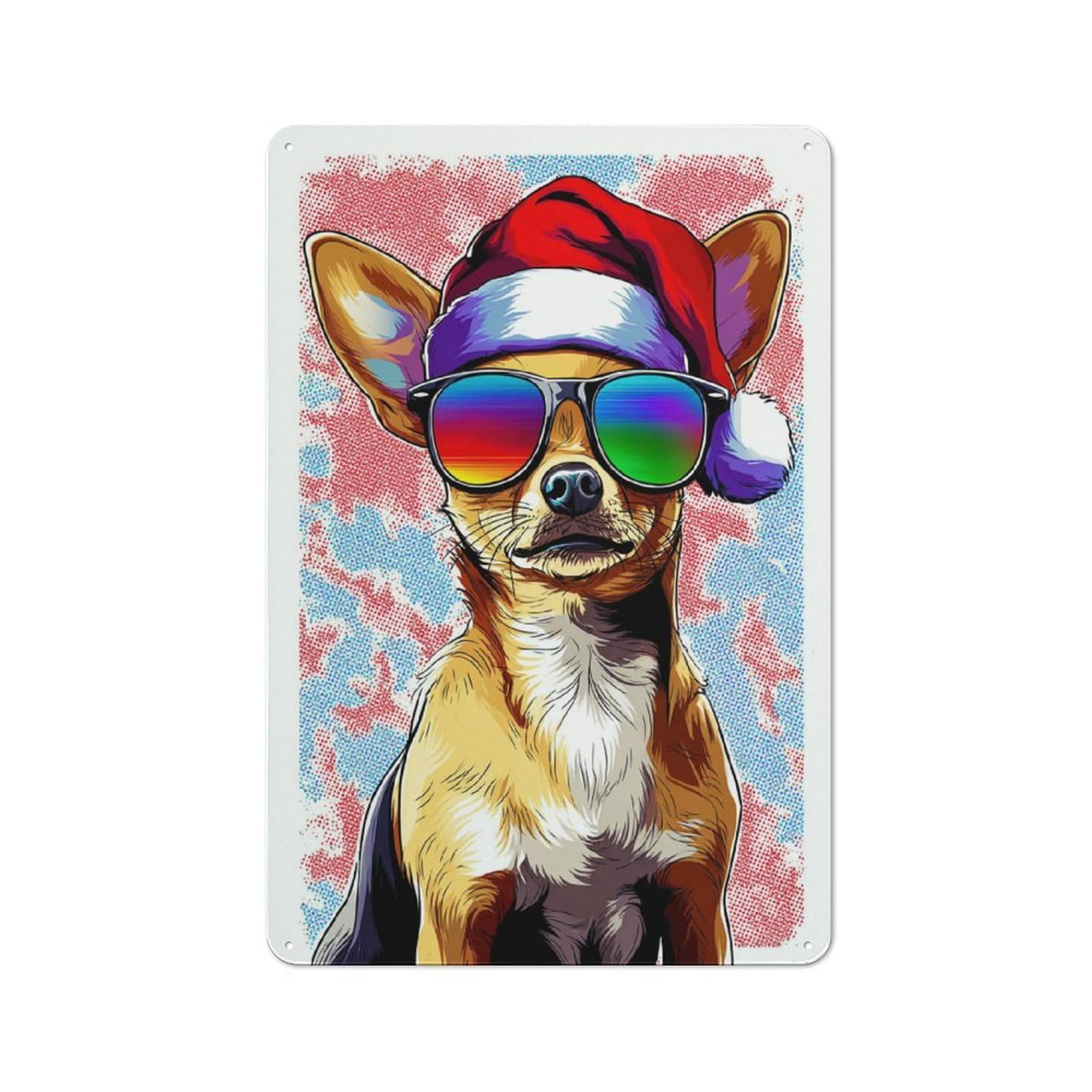 Junmoney Chihuahua In Santa Hat And Sunglasses Metal Sign 30X20cm With For Hallway Wall, Rustic Decor, For Furnishing A New Hallway With Rustic Decor