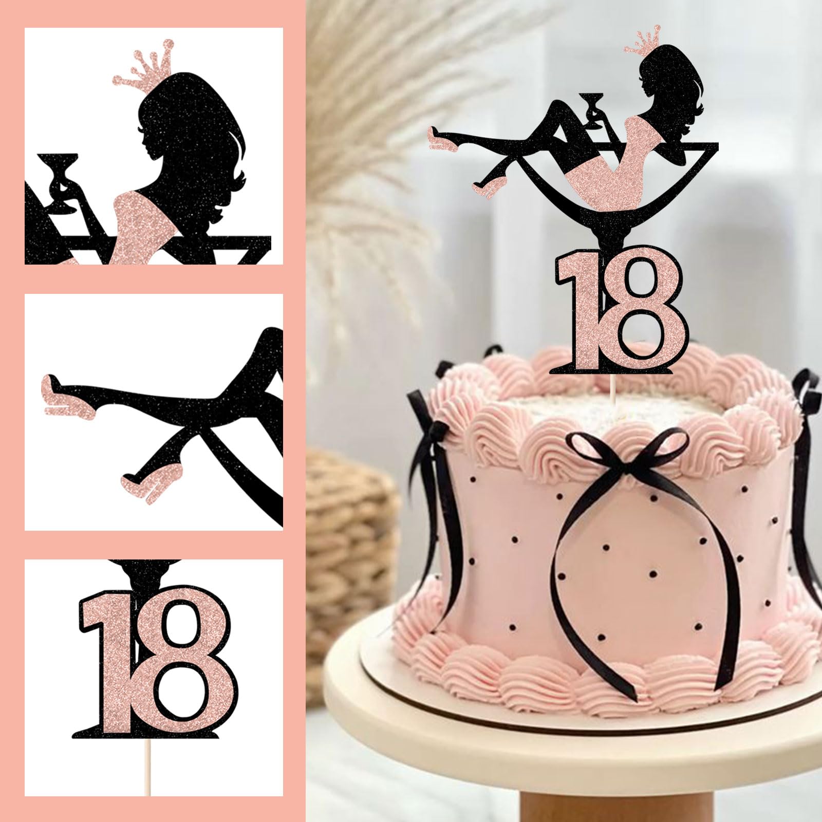 18e Verjaardag Cakestekers – Glitter Rode Wijnglas En Meisjessilhouet, Goud – Perfect Voor Vrijgezellenfeest En Damesfeest
