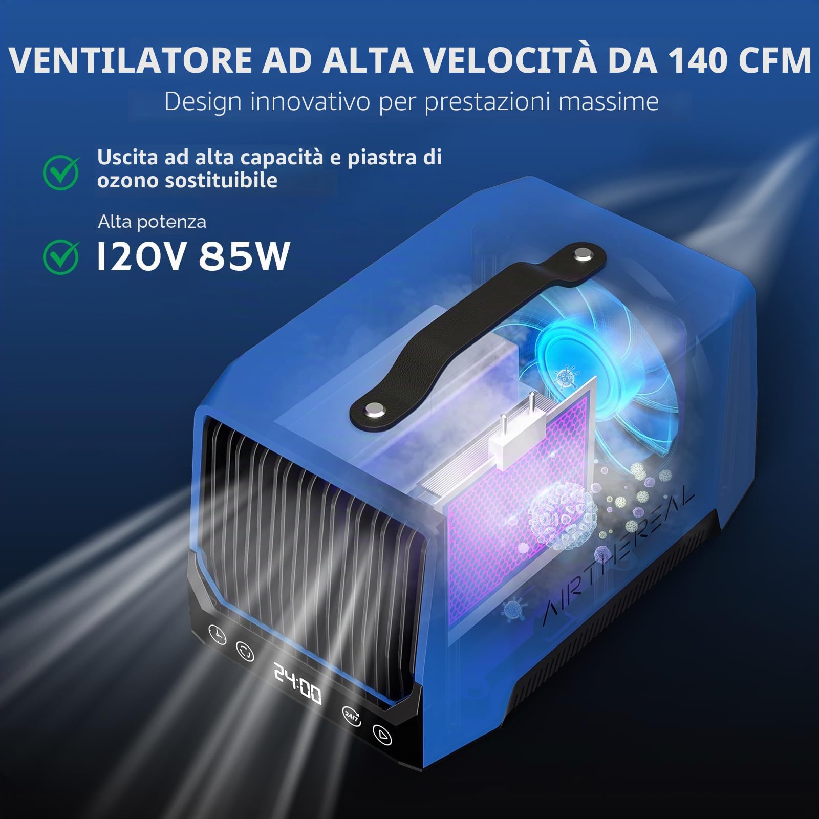 Airthereal DA25 Generatore di Ozono da Tavolo – Dispositivo portatile per eliminare odori di fumo, COV e animali domestici, ideale per casa, garage, auto e ambienti fino a 470 m² (Blu)