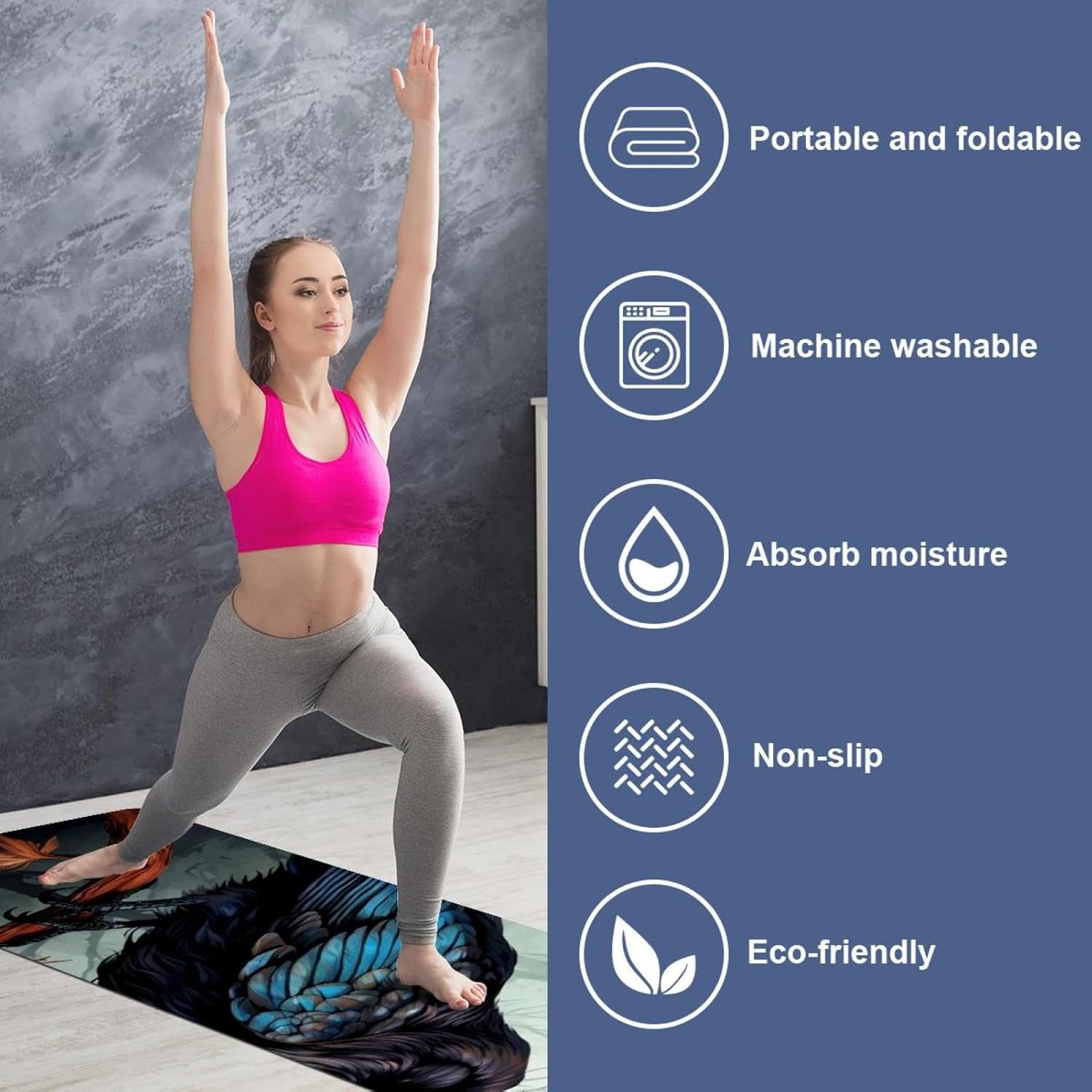 Yoga Towel, Black Crow Pattern Non Slip Sweat Absorbent Hot Yoga Mat Towel for Hot Yoga, Pilates and Fitness - 72.8" x 26.8"