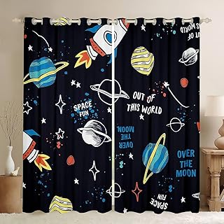 Feelyou Outer Space Curtains Galaxy Window Curtains for Bedroom Living Room for Kids Boys Girls Starry Sky Window Drapes Cartoon Rocket Planet Window Treatments 52W X 84L,2 Panels