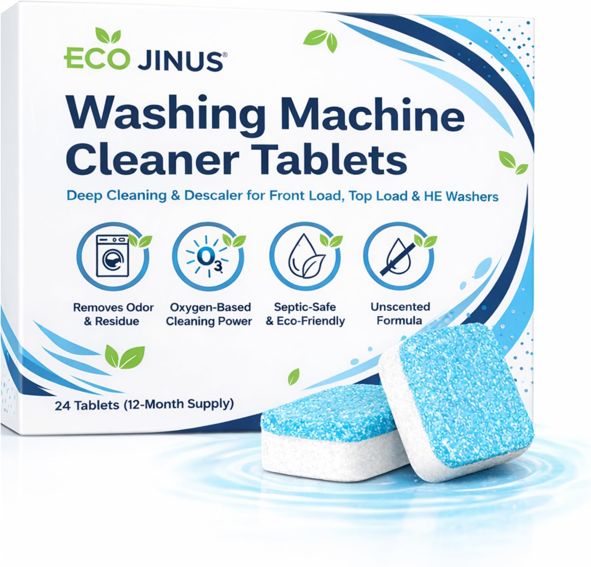Washing Machine Cleaning Tablets Washer Cleaner & Descaler, 24 Count (12-Month Supply) for Front Load, Top Load & HE Washers | Appliance Maintenance & Residue Removal