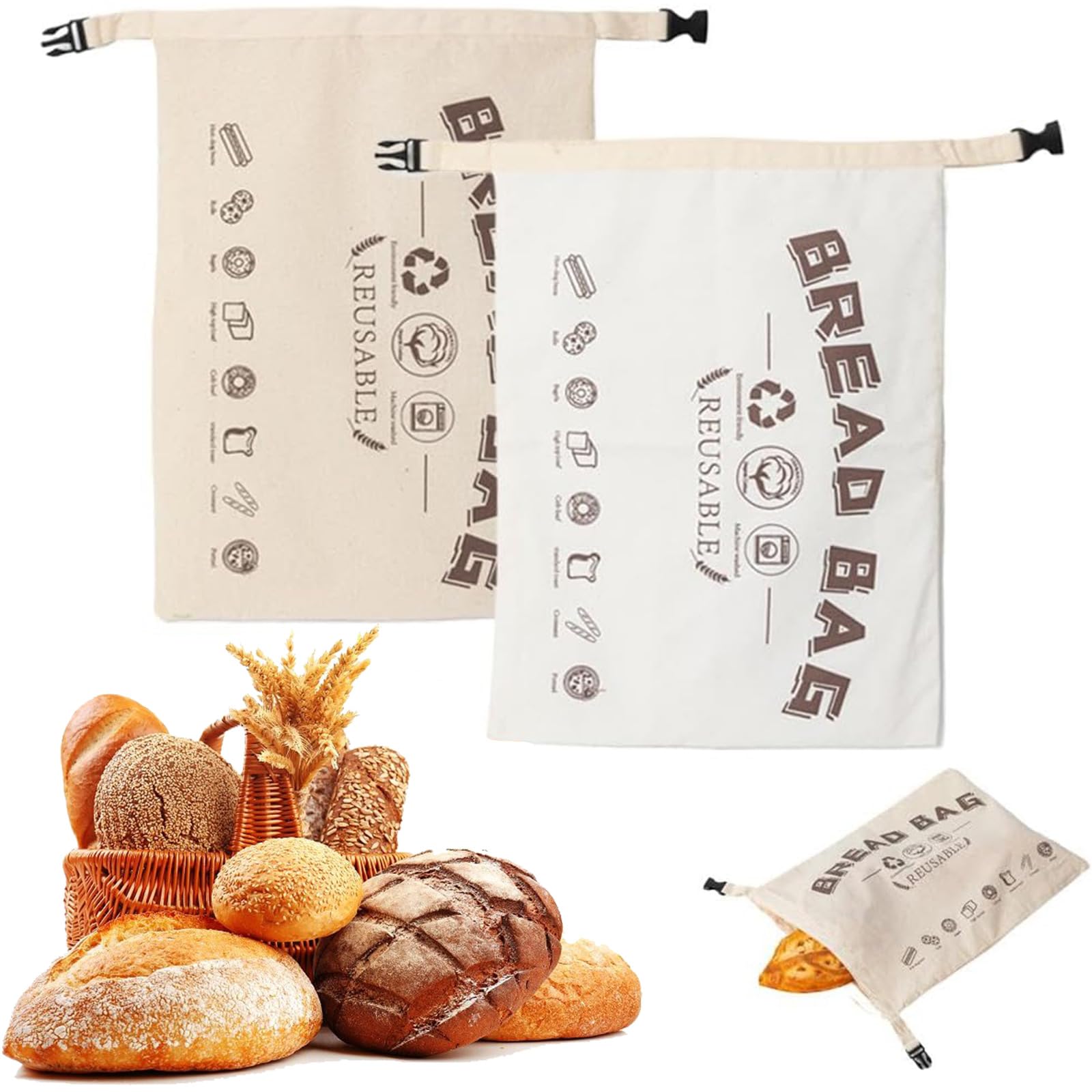 Extra Large Beeswax Bread Bags, Reusable Cotton Linen Bread Storage Bags for Homemade Bread/Sourdough/Fresh Bread, Portable Beeswax Food Wrap for Home Picnic Traveling Daily Use (2, Beige+White)