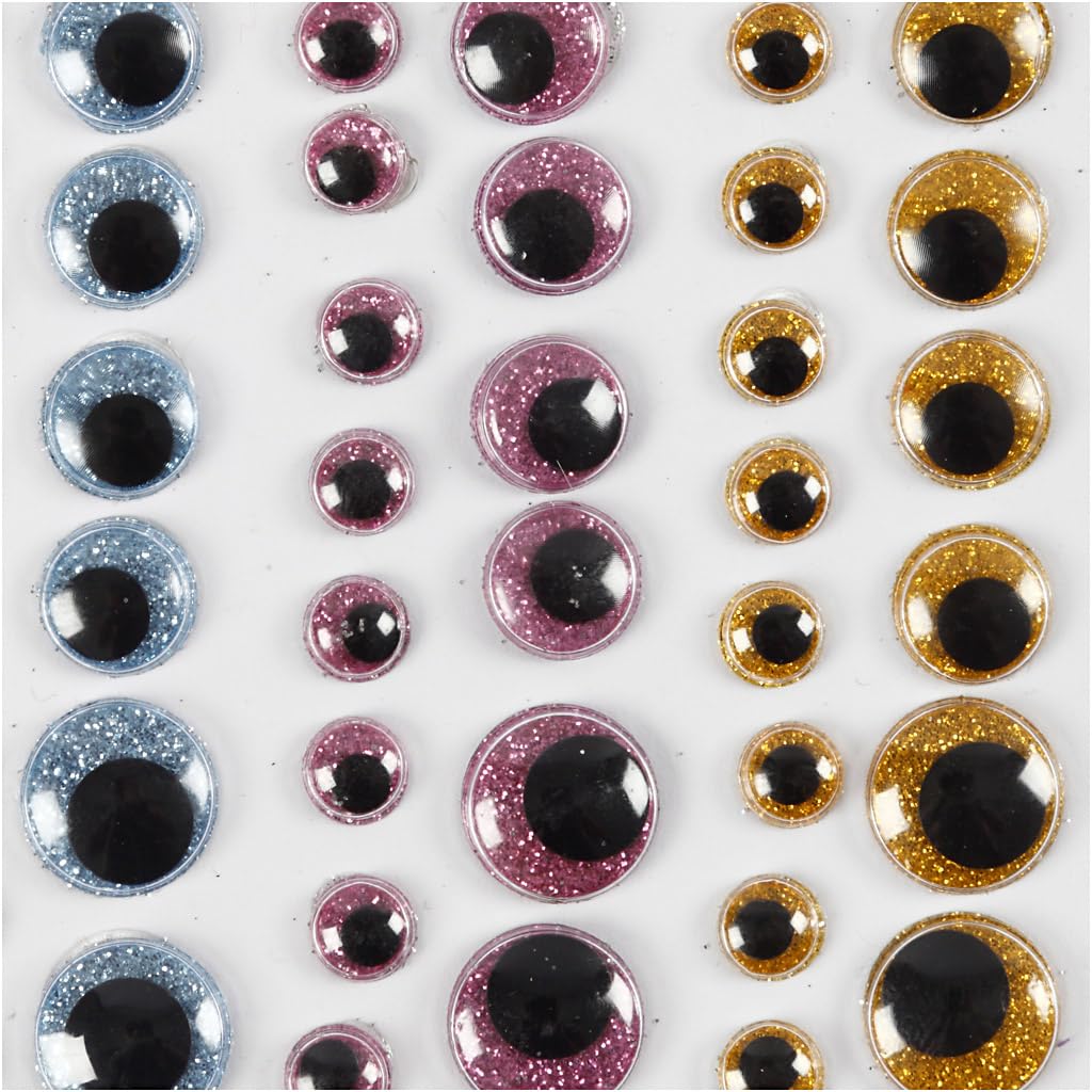 Wiggle Eyes Self-Adhesive Diameter 8 + 10 + 12 + 15 mm Light Blue Gold Pink Pack of 54 / 1 Sheet creotime