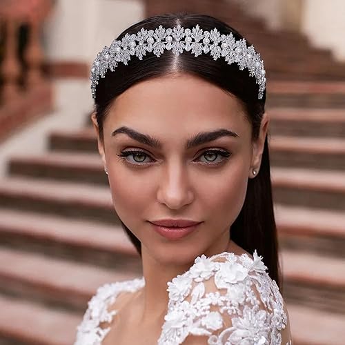 Miniatura 3 de Aoligrace Diadema de novia de circonita cúbica para boda, perla y cumpleaños, accesorios para el cabello de quinceañera dulce 16