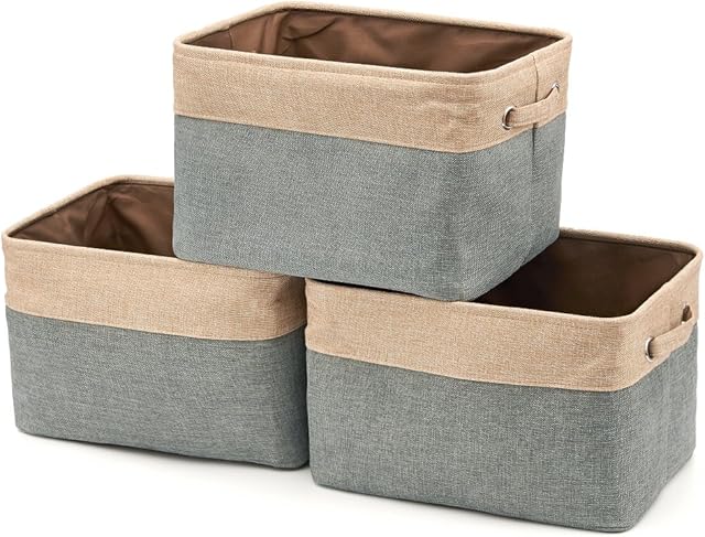 EZOWARE 3 Pack Canvas Linen Tweed Fabric Storage Basket Bins, Foldable Nursery Cube Boxes with Handles for Baby Kids Room Toys Wardrobe Clothes Organisers - (38 x 27 x 24 cm, Beige and Gray)