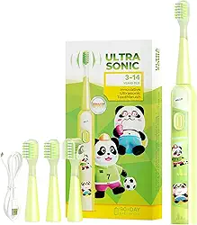 MOMODENT Escova Elétrica Infantil Sônica, Cerdas Extra Macias, 3 Modos de Vibração, 3 Cabeças Substituíveis, IPX7 à Prova D'Água, Recarregável, para Crianças de 3 a 12 Anos (Verde)