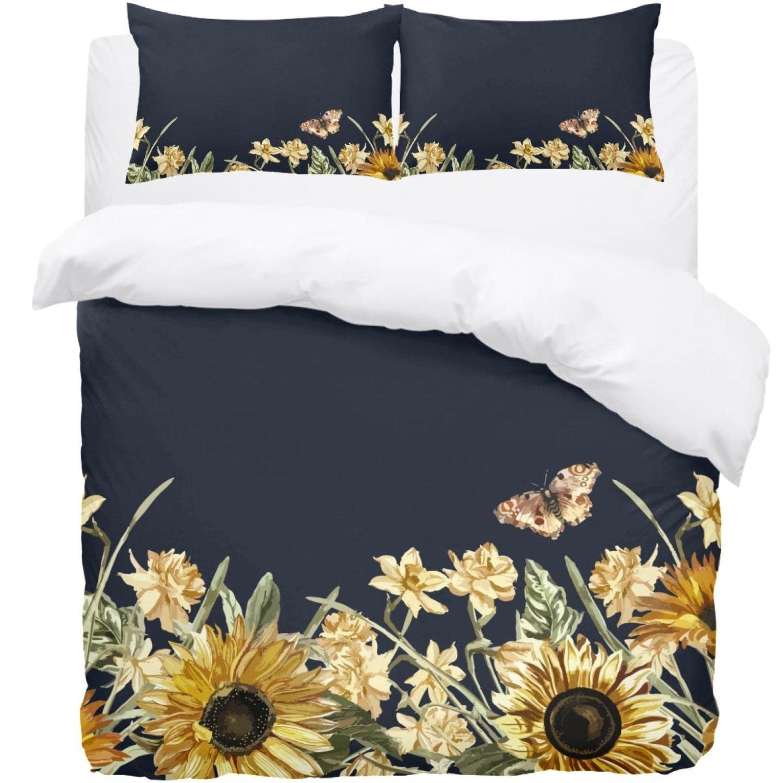 Parure de lit motif tournesol papillons bleu foncé housse de couette rétro 2 personnes