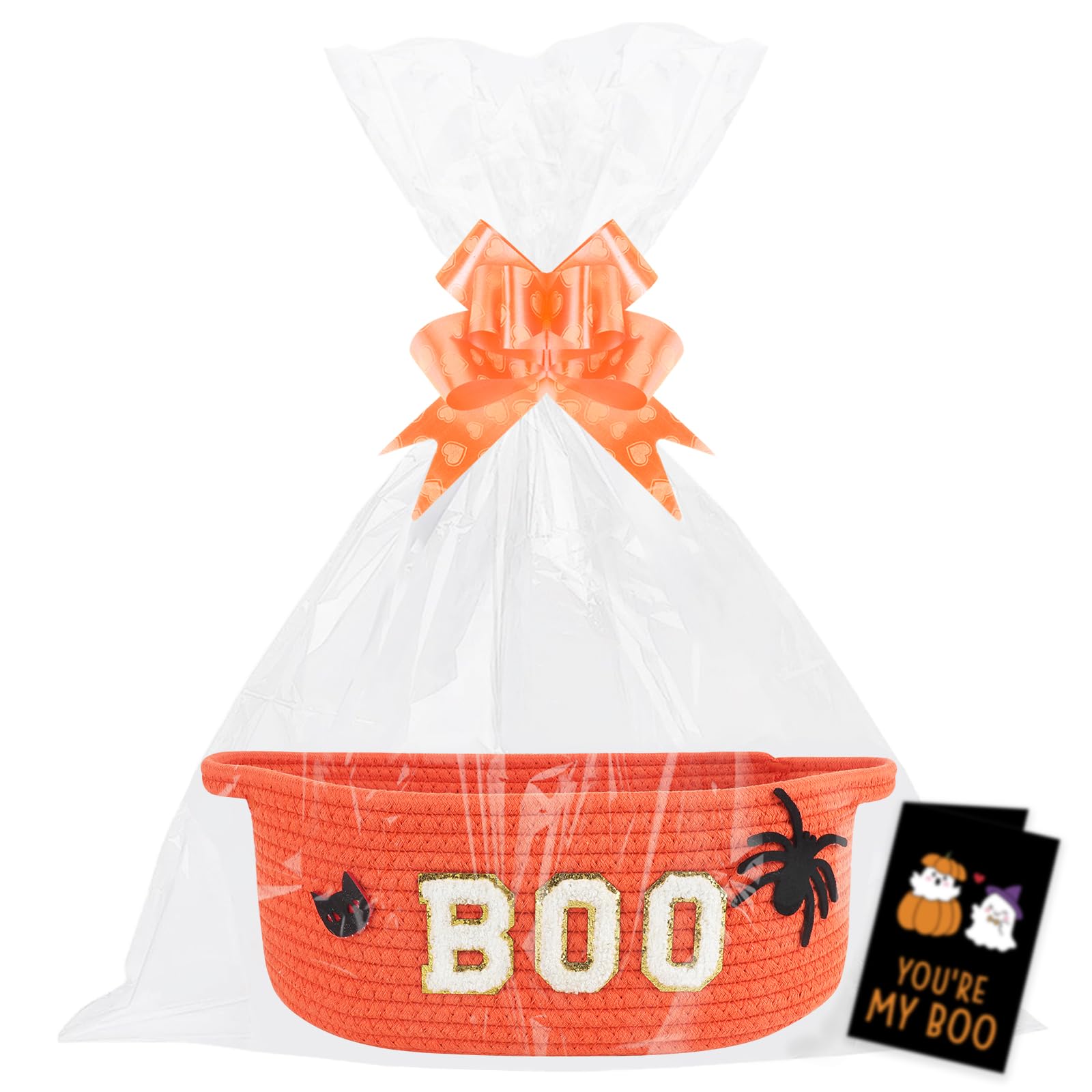 Lotvic Halloween Boo Gift Basket, Empty Hamper Basket with Cellophane Bags, Pull Bows and Greeting Card, Cotton Rope Boo Gift Baskets with Handles for Halloween Party Favors, Trick or Treat Gift