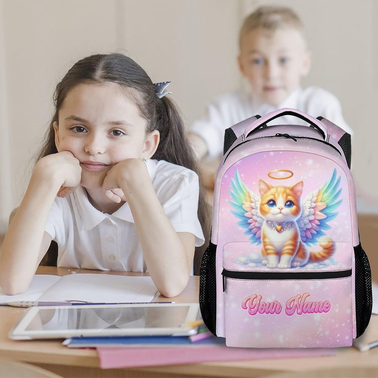 School Backpack for Girls - Personalized Cute Cats Bookbag for Teens Kids - 17 Inch Custom Backpacks for Primary Middle