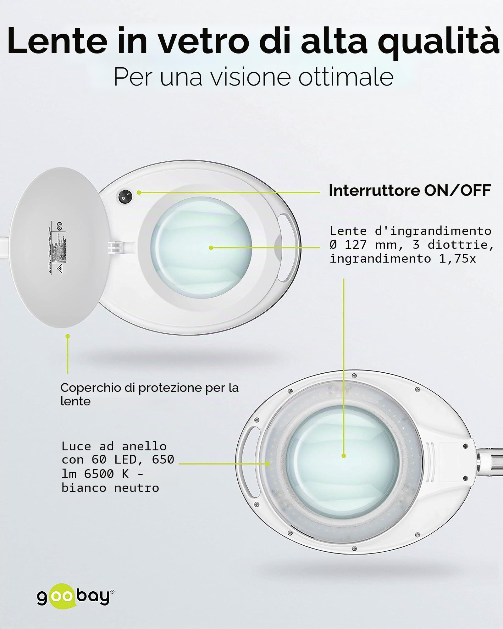 goobay 60361 Lampada con Lente d'Ingrandimento a LED, in plastica, 8 W, Potenza assorbita, Temperatura Colore 6500 K, Flusso Luminoso 650 lm, Tensione di Funzionamento 230 V (AC), Bianco, Weiß