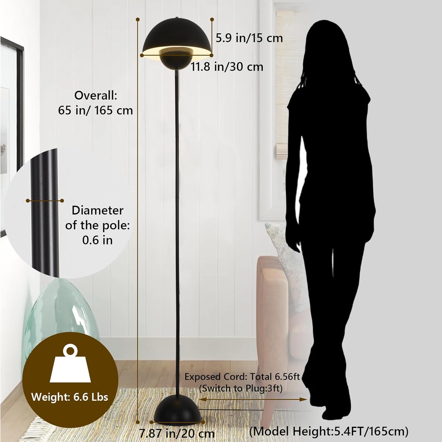 Modern Tall Floor Lamps for Living Room, Mid Century Modern Decor Corner Lamp, Black 65” Tall Mushroom Reading Lights Torchiere Industrial Stand Up Decorative Lamp