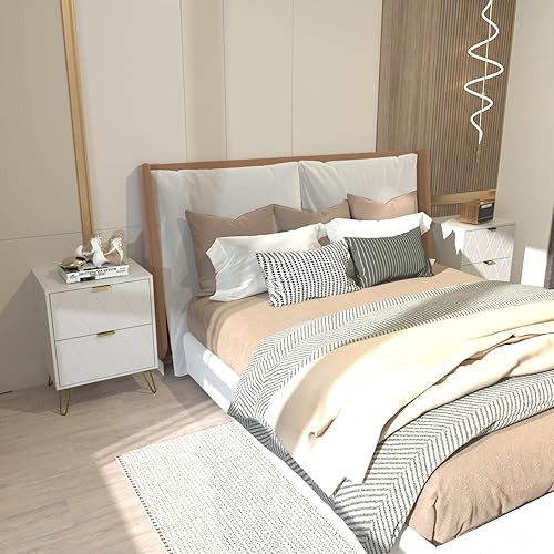 Miniatura 20 de Anbuy - Juego de 2 mesitas de noche color blanco, mesa auxiliar doble, mesita de noche con 2 cajones, doble mesita de noche con patas de metal para