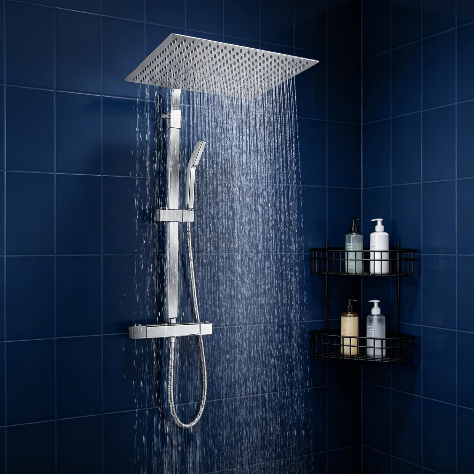 Termostat system prysznicowy 40 × 40 cm, głowica prysznicowa 360° ze słuchawką prysznicową, regulowana wysokość, z mosiądzu i stali nierdzewnej chromowana deszczownica