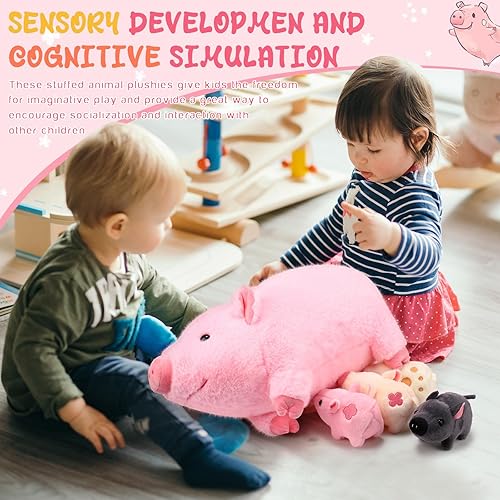 Miniatura 6 de Honoson Cerdo de peluche con bebés, juego de peluche suave para niños pequeños, mamá cerdo de peluche con 4 lechones magnéticos de peluche para