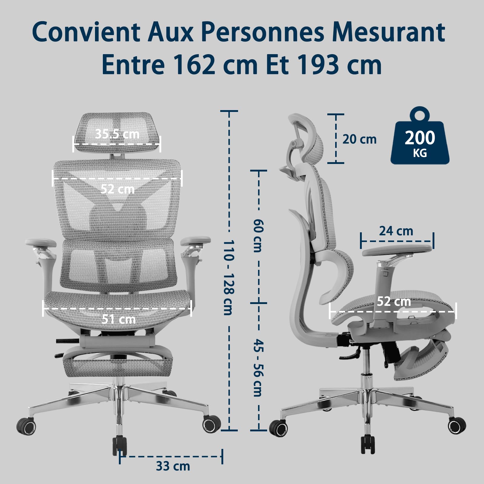 Chaise de Bureau Ergonomique Grand et Haut avec Repose-Pieds, Accoudoirs Réglables 5D, Support Lombaire, Dossier Maille Inclinable, Gris