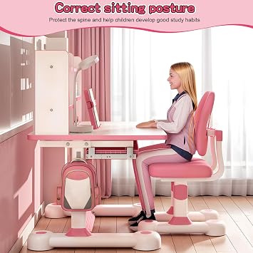 Upgraded Kids Study Desk and Chair Set, Height Adjustable Kids Table and Chairs, Children School Study Homework Desk with Tiltable Desktop & Bookshelf, Ideal Gifts for Boys Girls 8-12, Bedroom, Pink