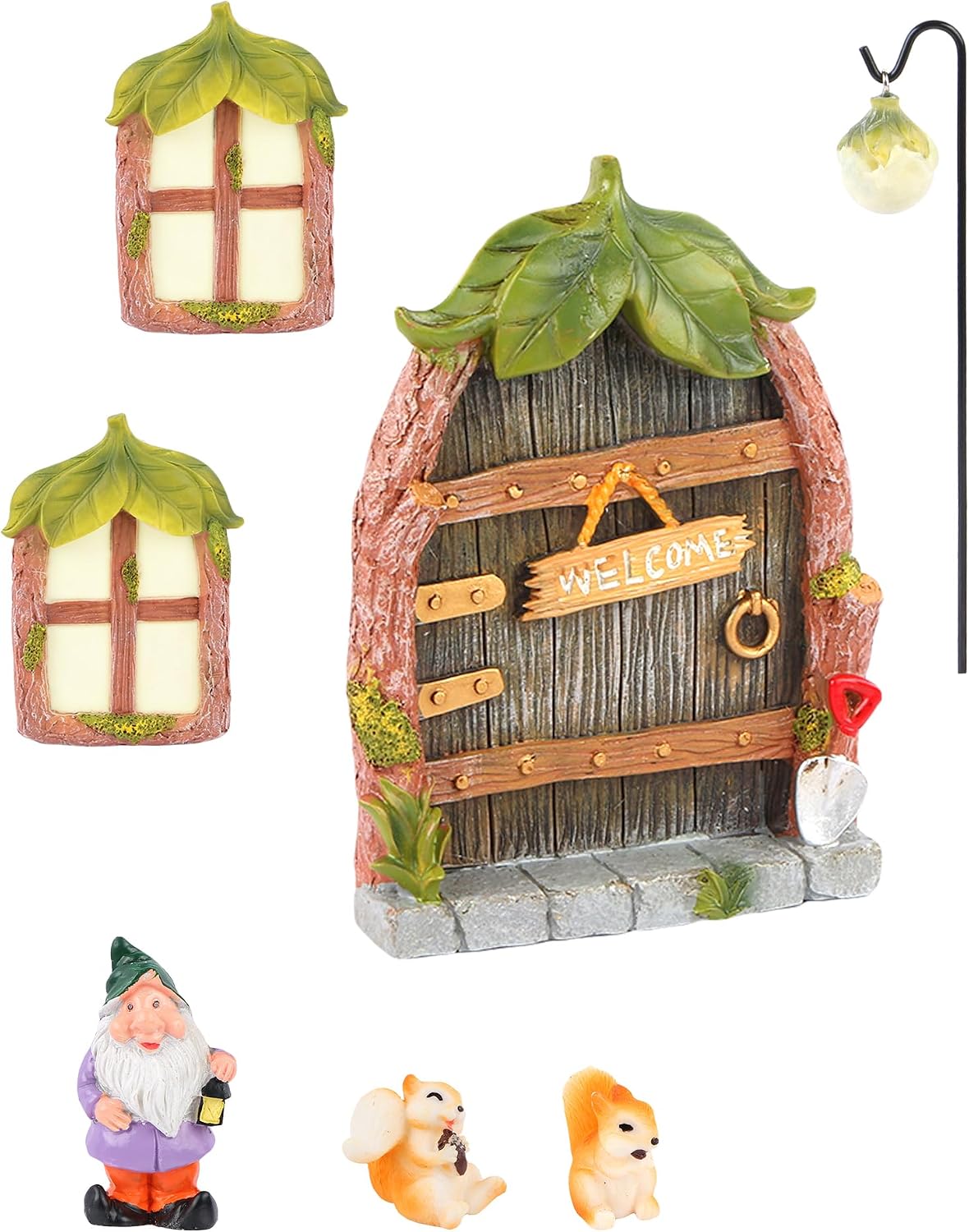 Fairy Door for Tree with Windows, Glow in The Dark Resin Outdoor Fairy Garden Accessories - Miniature Yard Art Sculpture Whimsical Decor Set with Gnome, Squirrel, Lantern Figurines